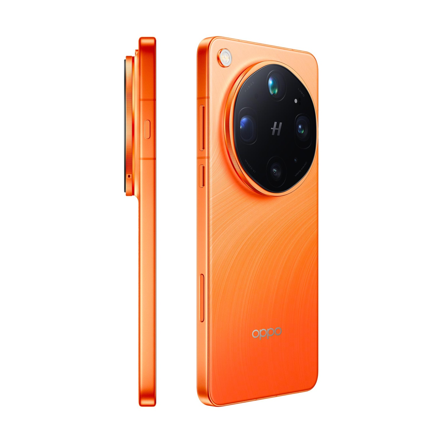 Telefono Oppo arancione, vista frontale e laterale. Modulo fotocamera circolare con quattro lenti.