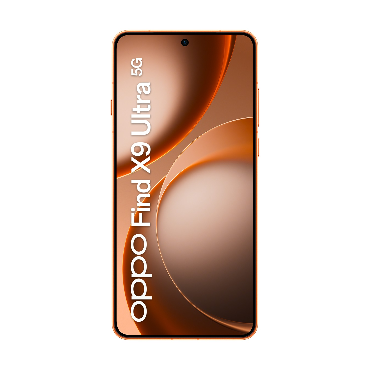 Uno smartphone Oppo Find X9 Ultra 5G arancione con motivo a onde sullo schermo.