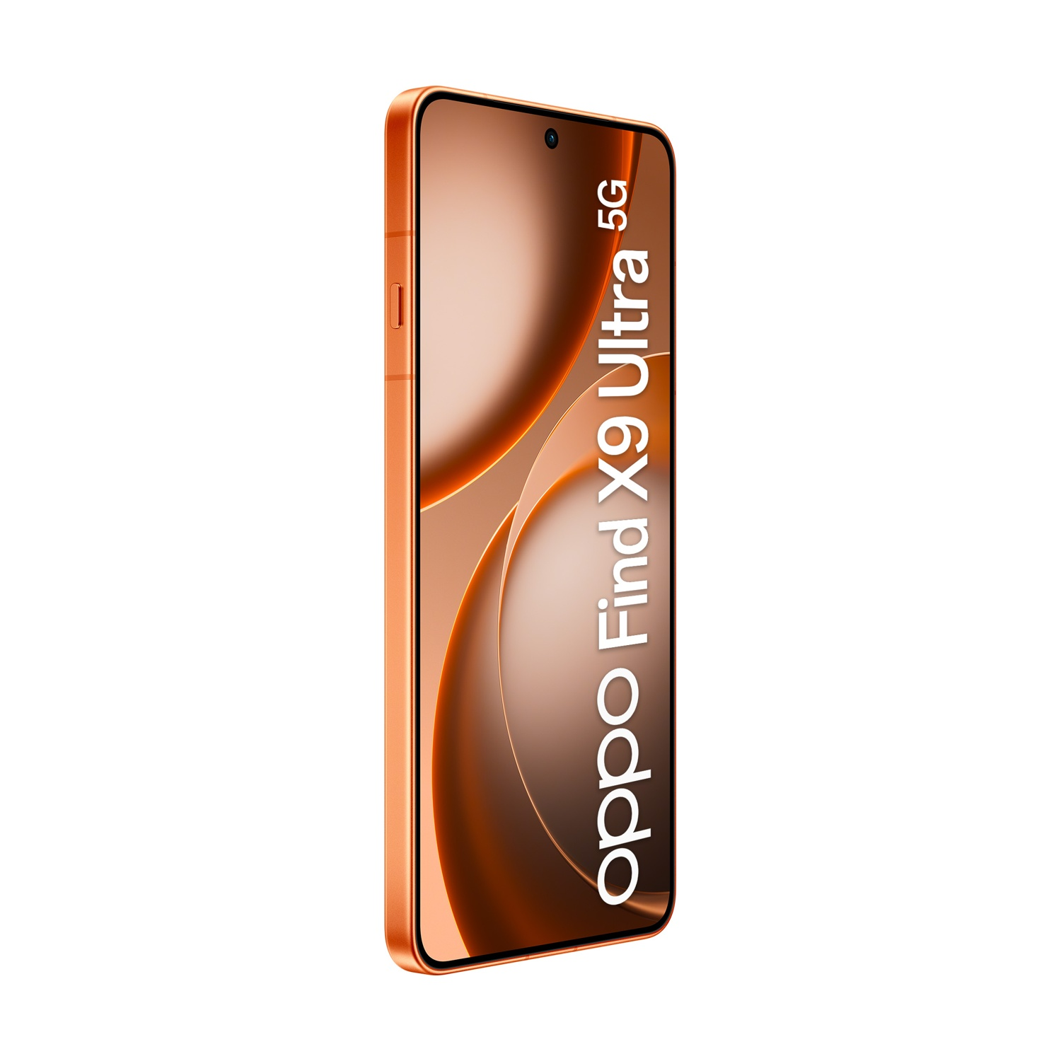 Telefono arancione OPPO Find X9 Ultra 5G con sfondo marrone sul lato destro.