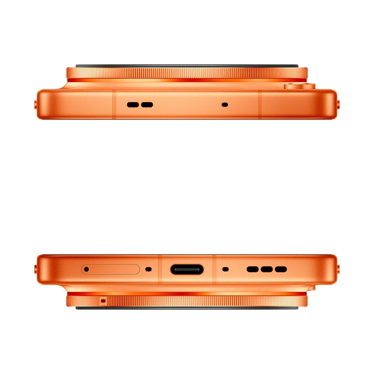 Smartphone arancione visto dall'alto e dal basso, con porte e griglie altoparlanti.