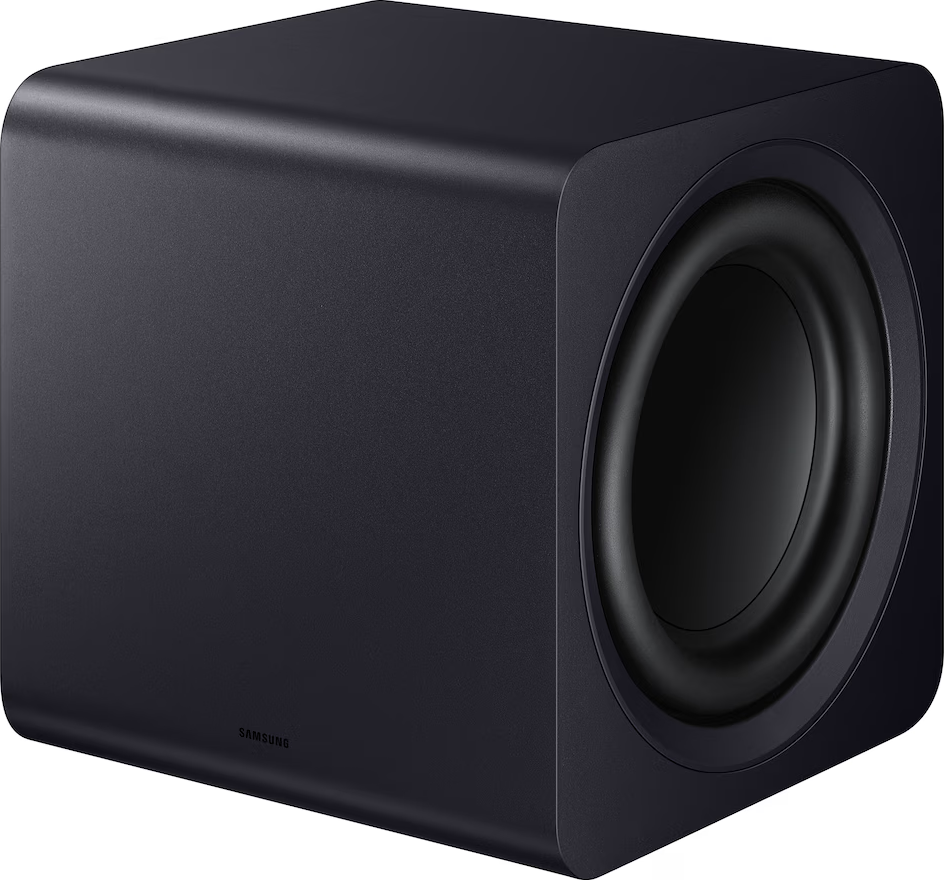 Schwarzer Subwoofer mit Samsung-Logo, seitlicher Lautsprecher.
