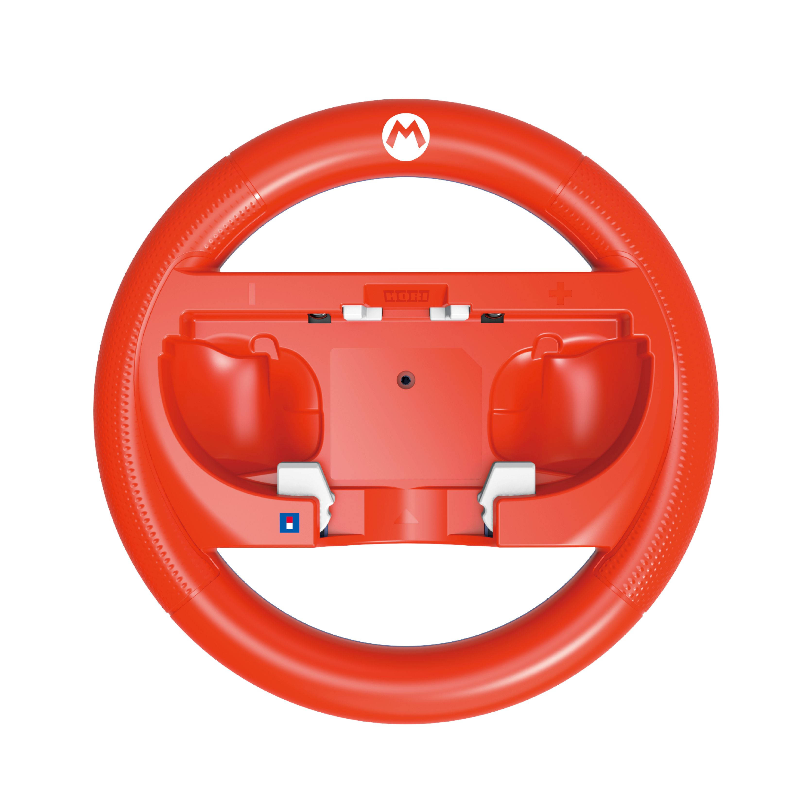 Ein roter Gaming-Lenkrad mit Mario-Logo, der HORI-Markenname und weiße Tasten.