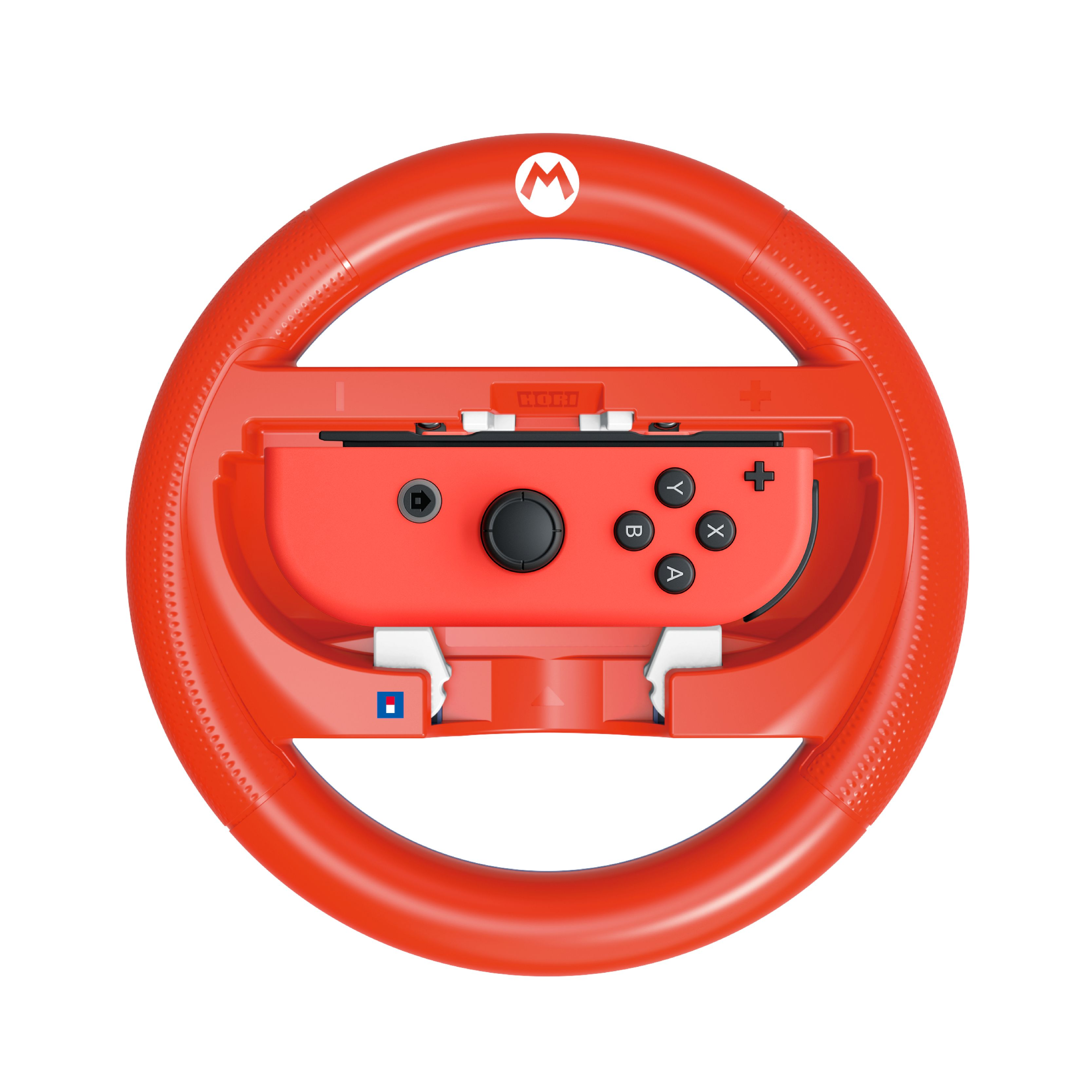 Ein roter Mario-Rennlenker mit einem Nintendo Switch Joy-Con-Controller.