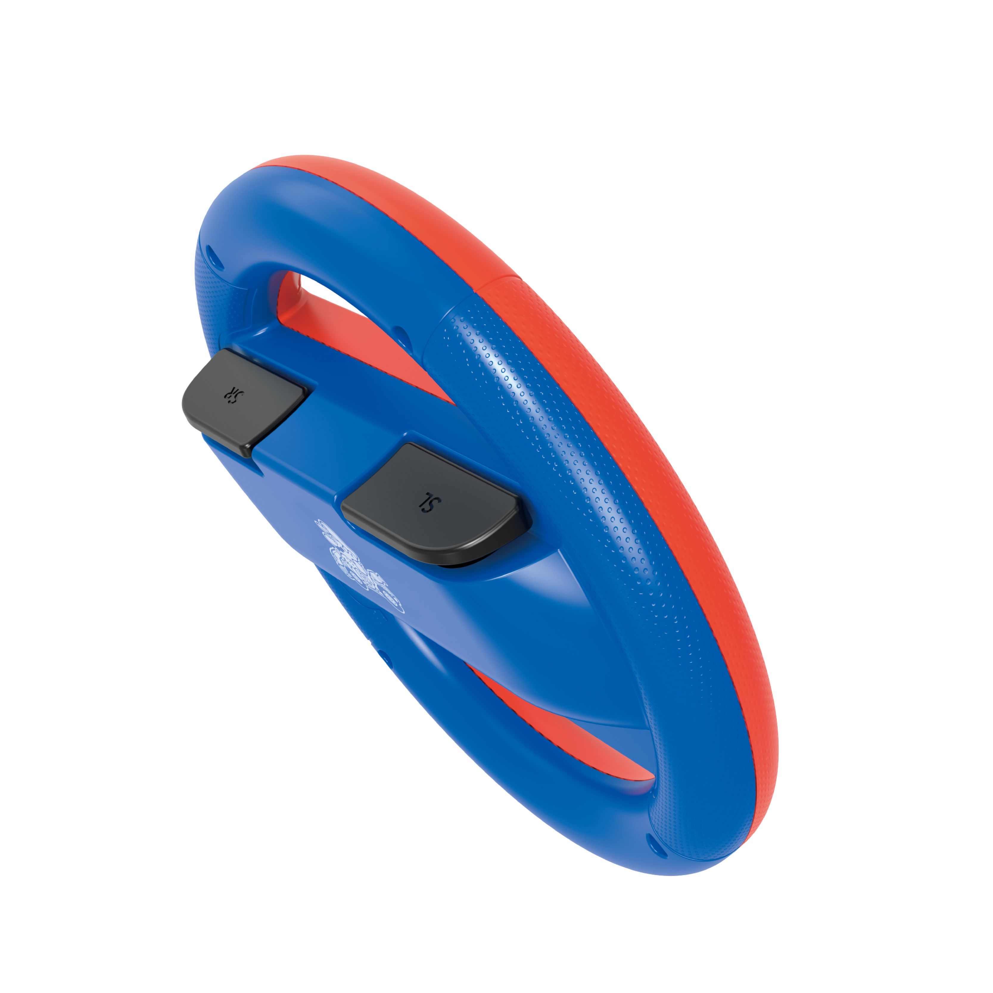 Ein blauer und orangeroter Gaming-Controller in Lenkradform.
