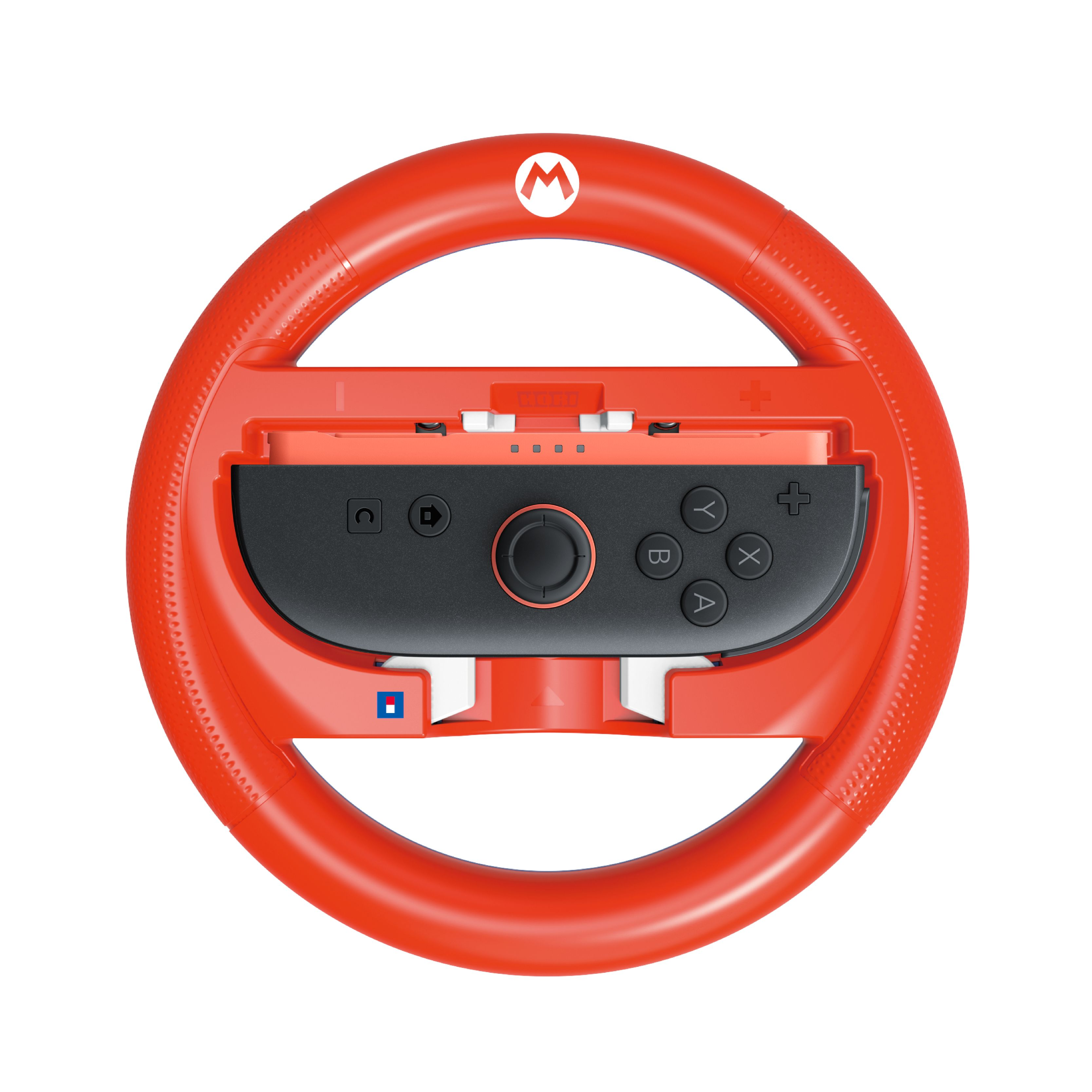 Ein rotes Mario-Lenkrad für Nintendo Switch mit schwarzem Joy-Con-Controller.