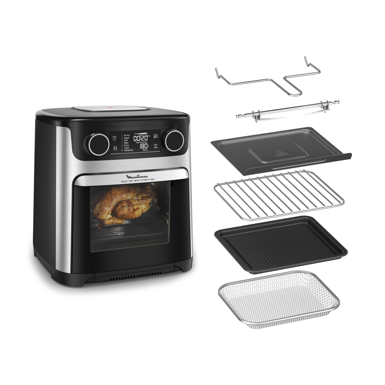 Un forno friggitrice ad aria nero e argento con pollo arrosto e accessori.