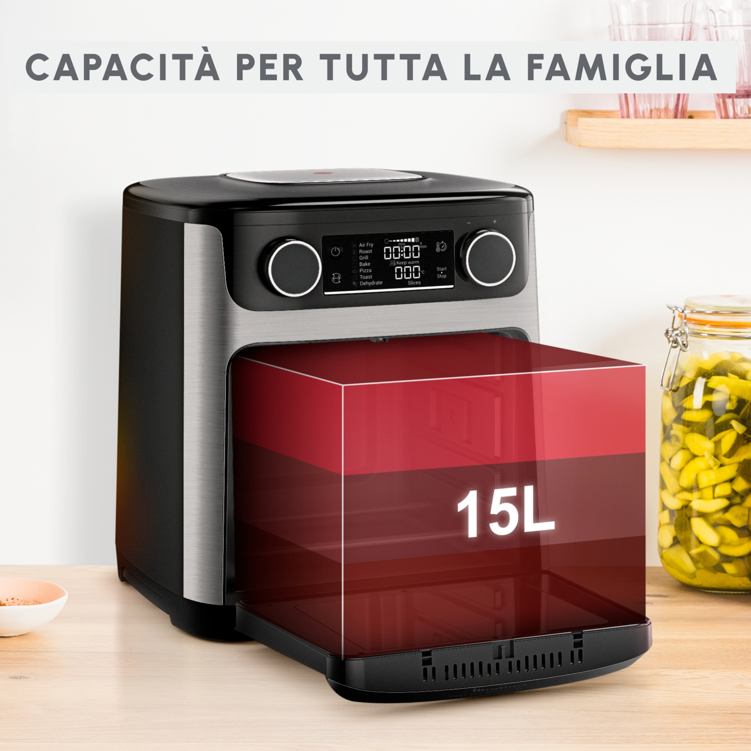 Una friggitrice ad aria nera da 15L con accenti argentati e display digitale.