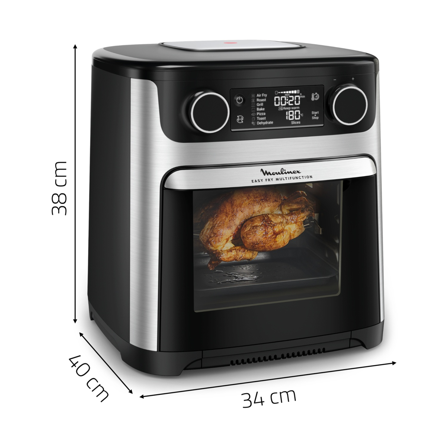 Friggitrice ad aria nera e argento con pollo arrosto all'interno. Dimensioni: 38x40x34 cm.