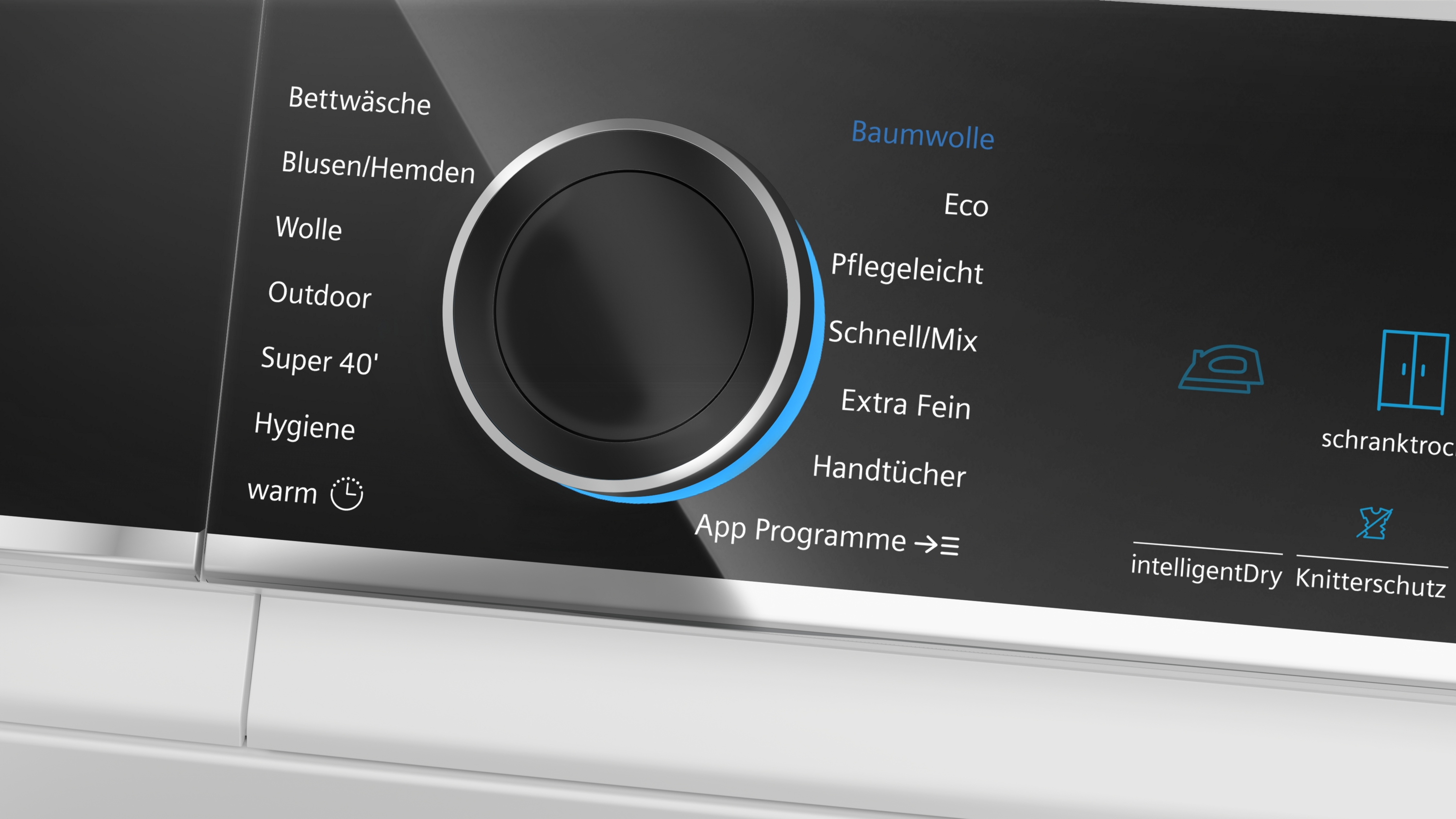 Bedienfeld einer Waschmaschine mit Programmauswahl und Drehknopf.