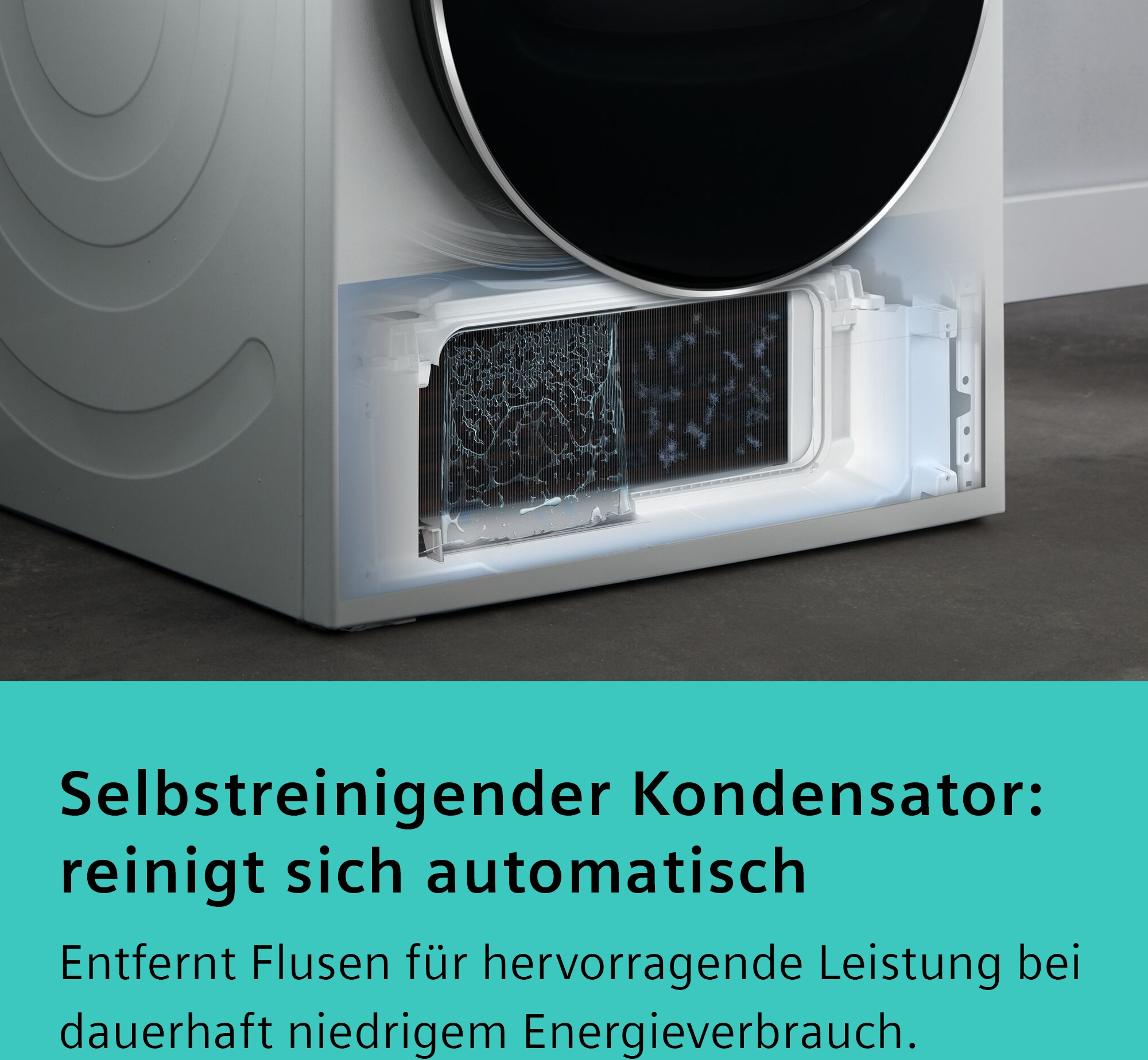 Ein selbstreinigender Kondensator mit Flusenfilter in einer Waschmaschine.