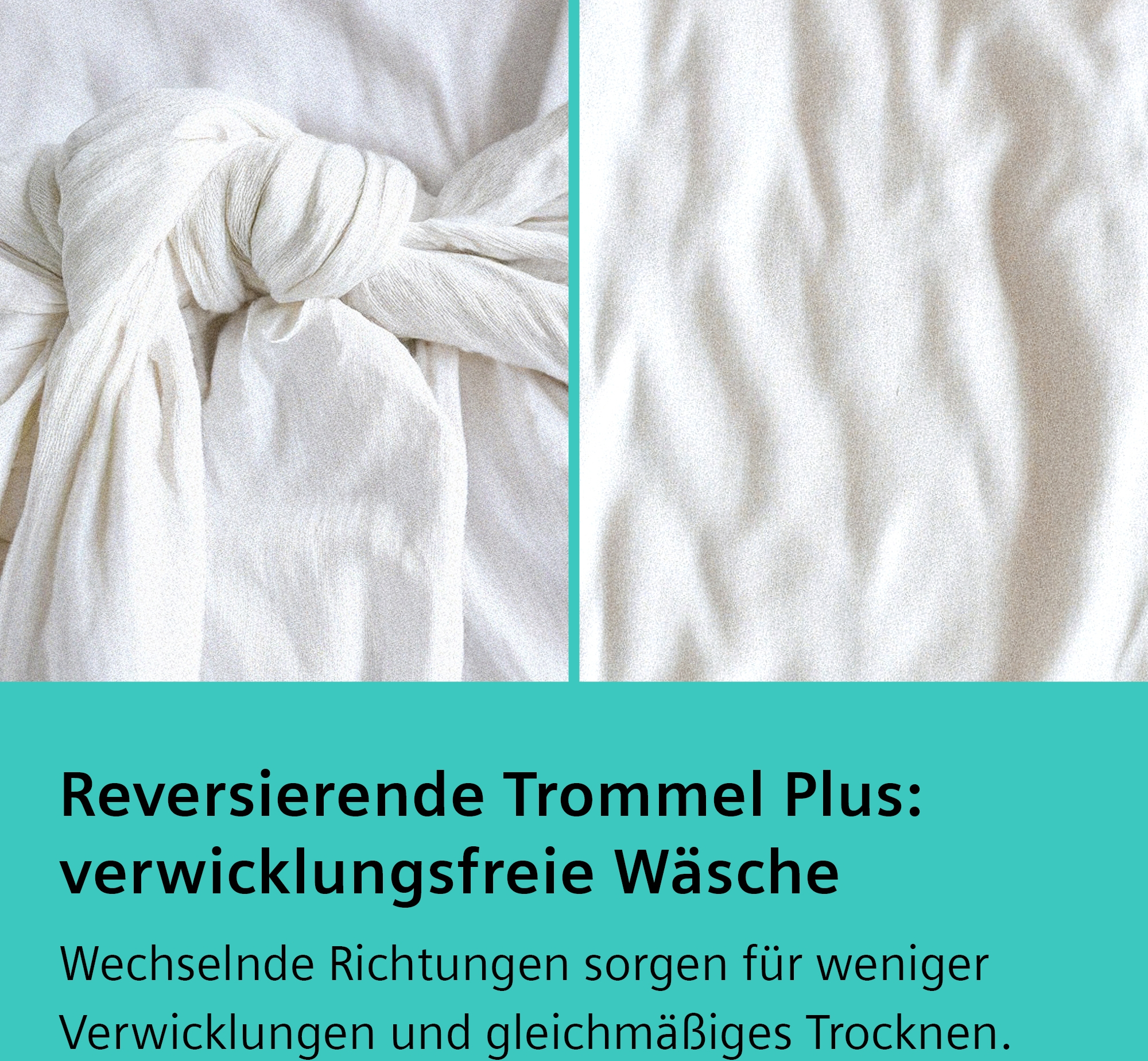 Weißer Stoff, einmal verknotet, einmal glatt. Für knitterfreie Wäsche.