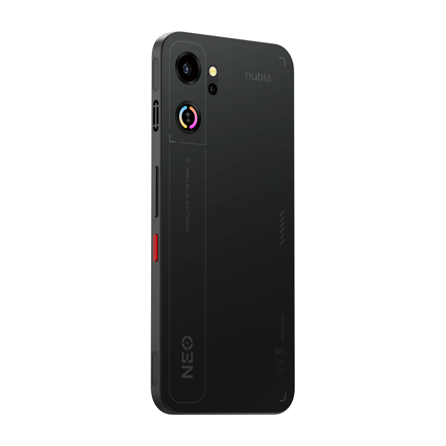 Smartphone Nubia nero con doppia fotocamera e testo sistema di raffreddamento.