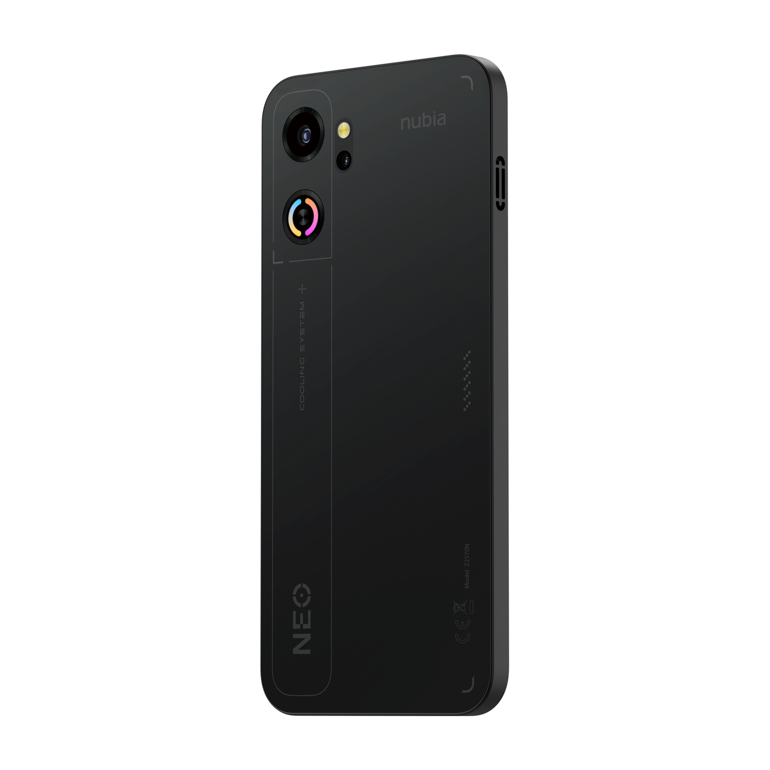 Retro di uno smartphone Nubia nero con due fotocamere e anello RGB.