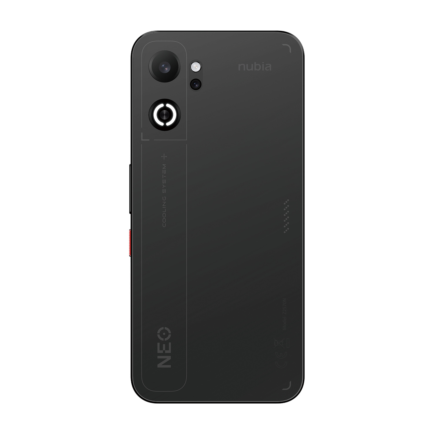 Smartphone nero con sistema di raffreddamento e logo NEO sul retro.