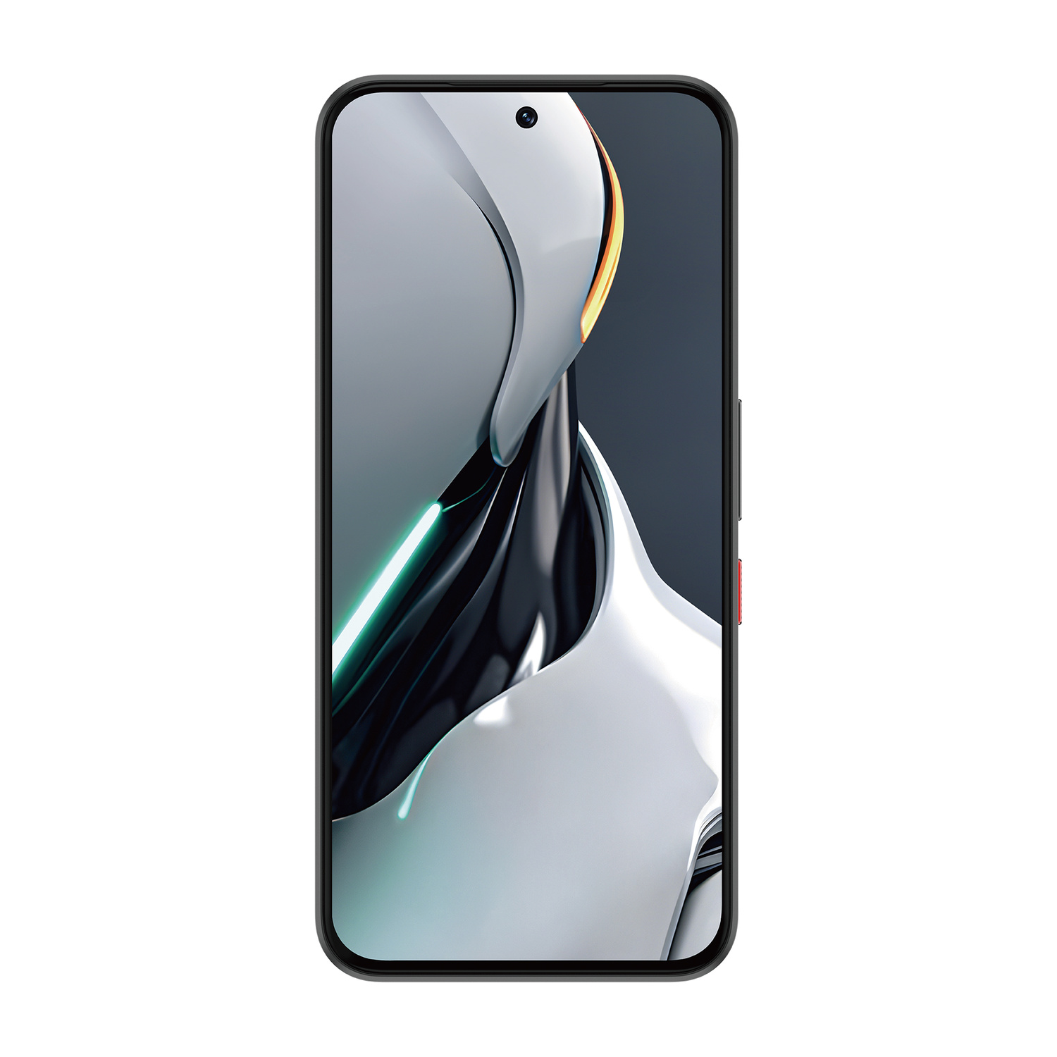 Uno smartphone nero con uno sfondo astratto e futuristico.