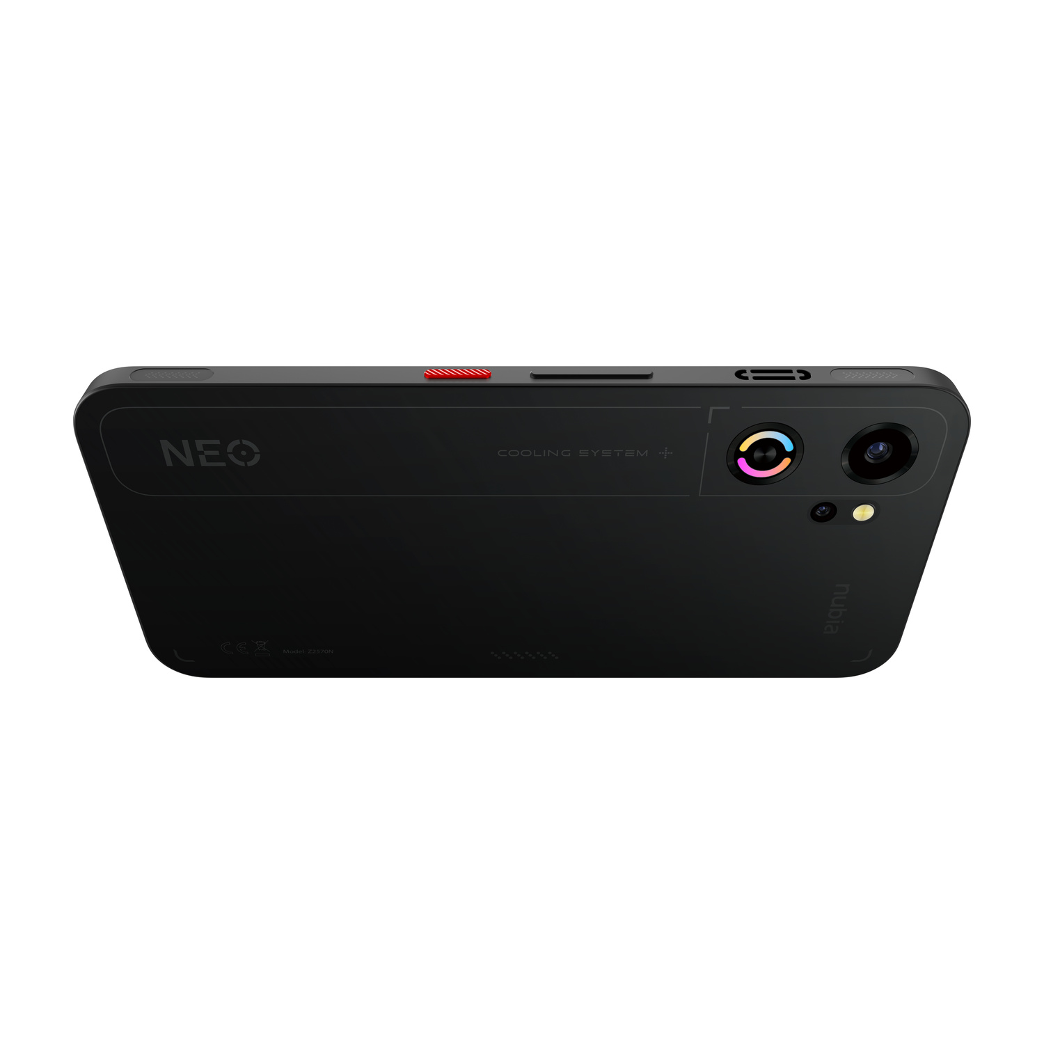 Smartphone nero con logo NEO, sistema di raffreddamento, due fotocamere e marchio nubia.