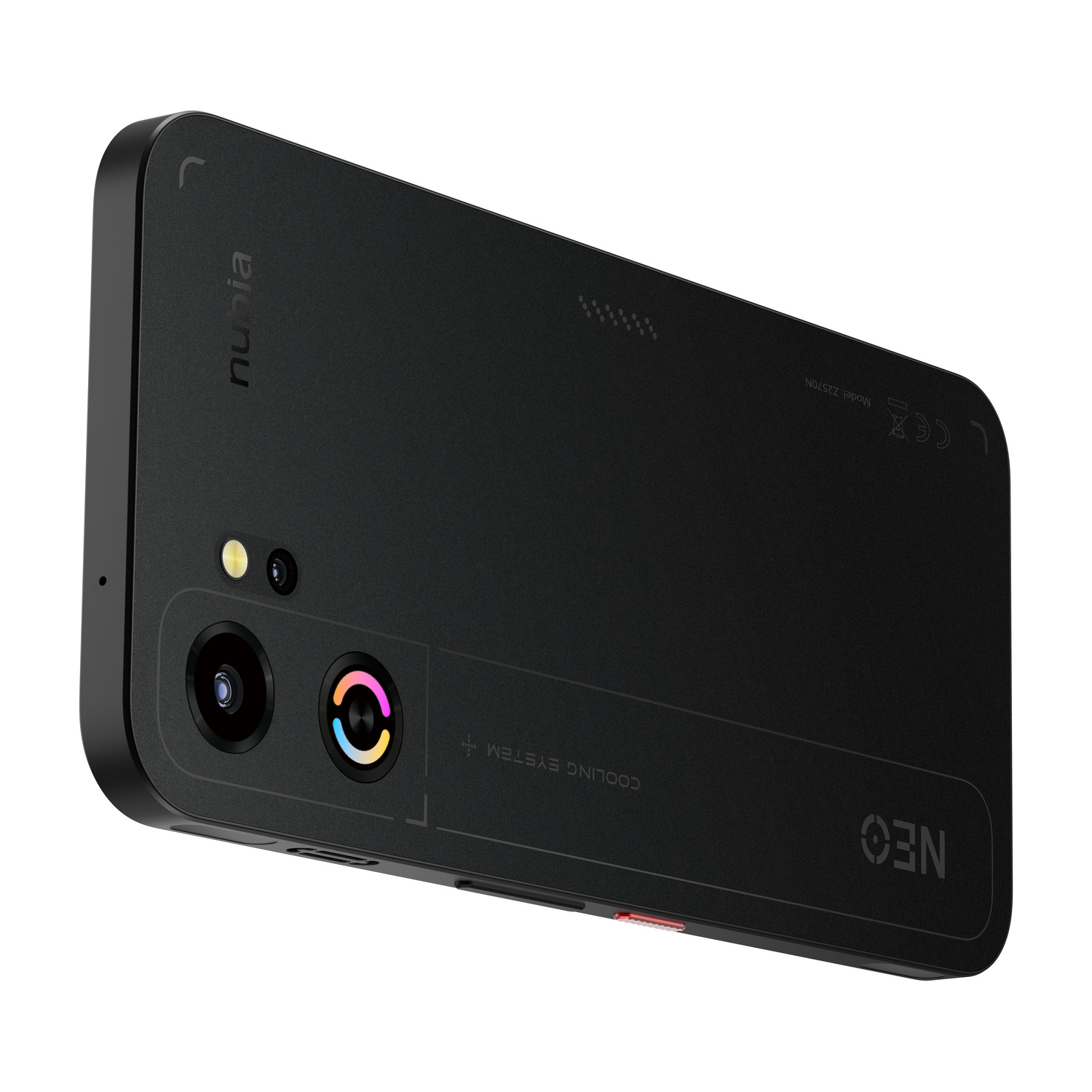 Smartphone nero con due fotocamere e anello colorato. Scritte NUBIA e NEO.
