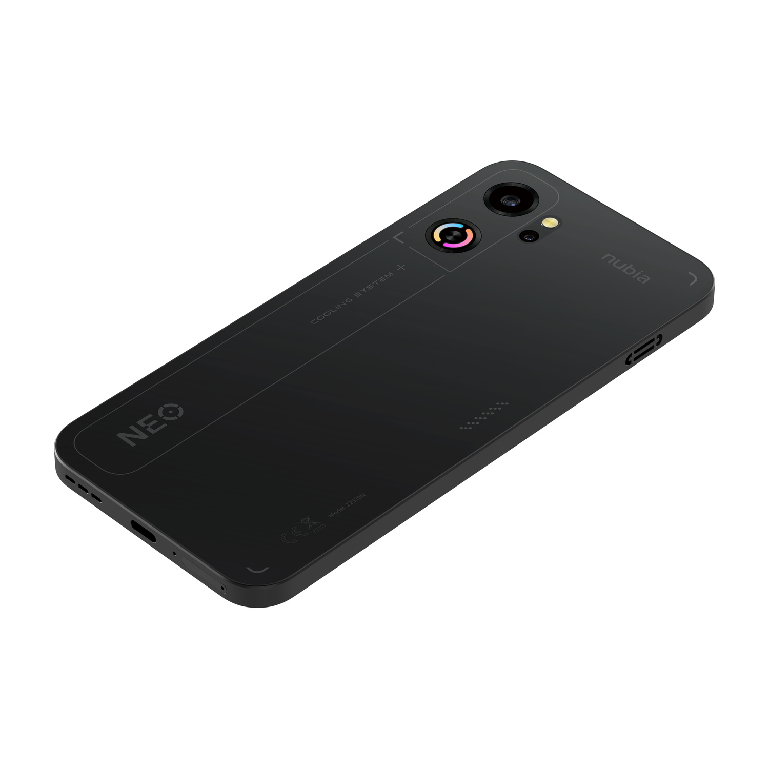 Smartphone nero con doppia fotocamera, logo 'NEO' e marchio 'nubia'.