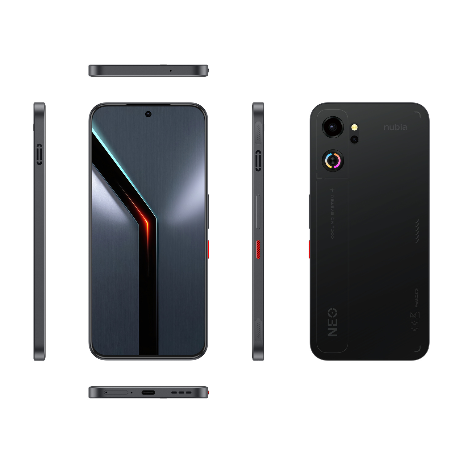 Uno smartphone Nubia Neo nero con raffreddamento, mostrato da tutti i lati.
