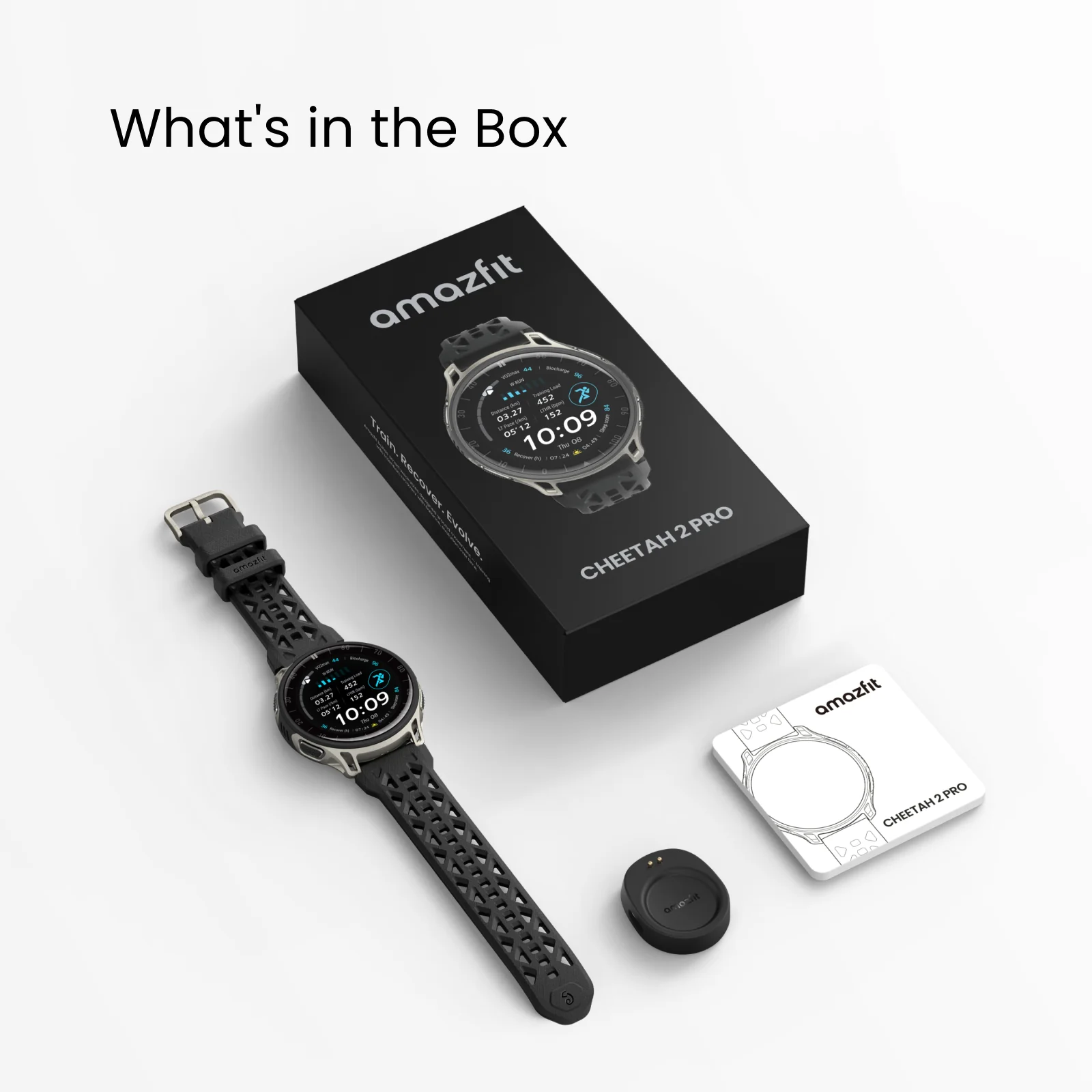 Amazfit Cheetah 2 Pro Smartwatch mit Box, Ladekabel und Anleitung auf weißem Hintergrund.