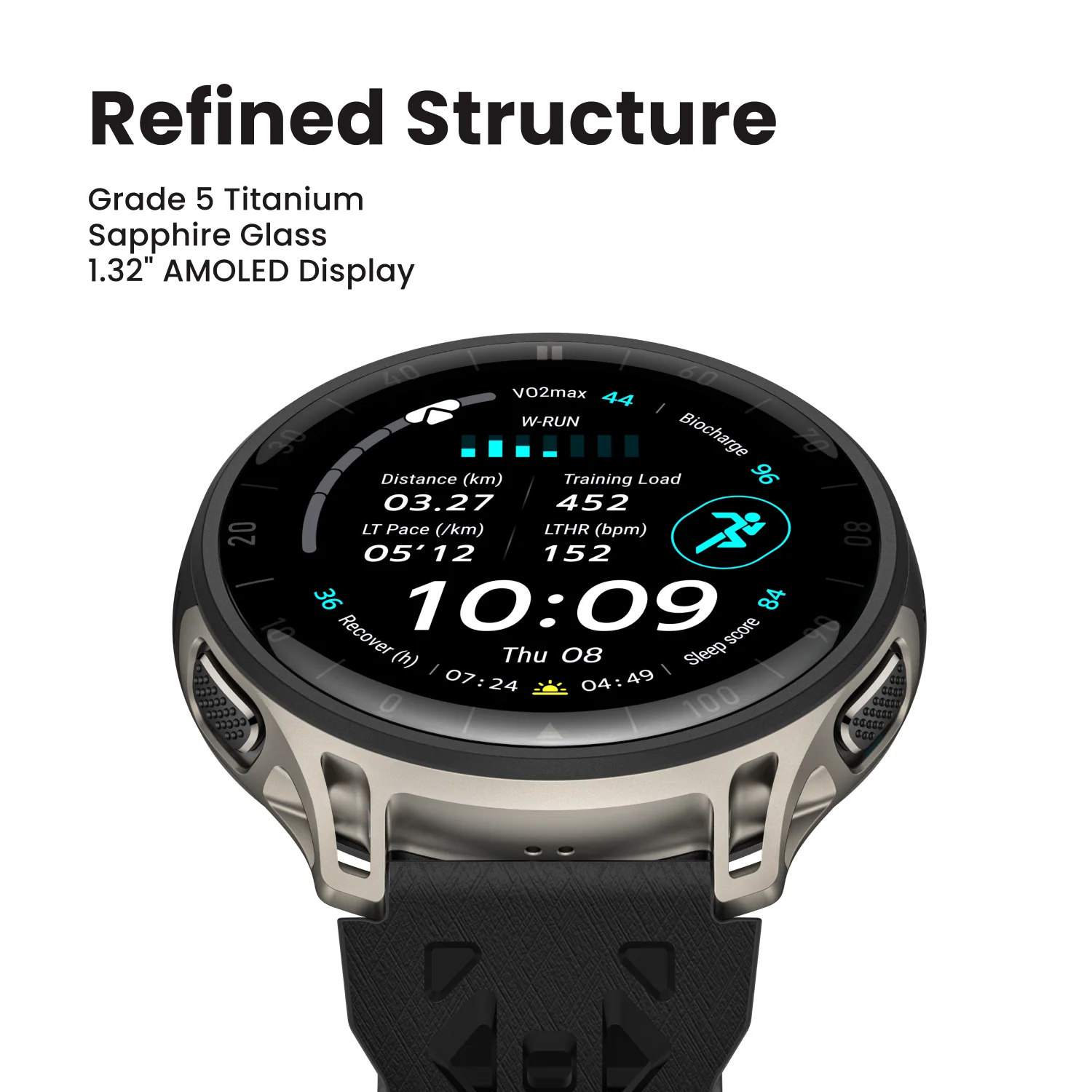 Graue und silberne Smartwatch mit schwarzem Armband, zeigt Trainingsdaten.