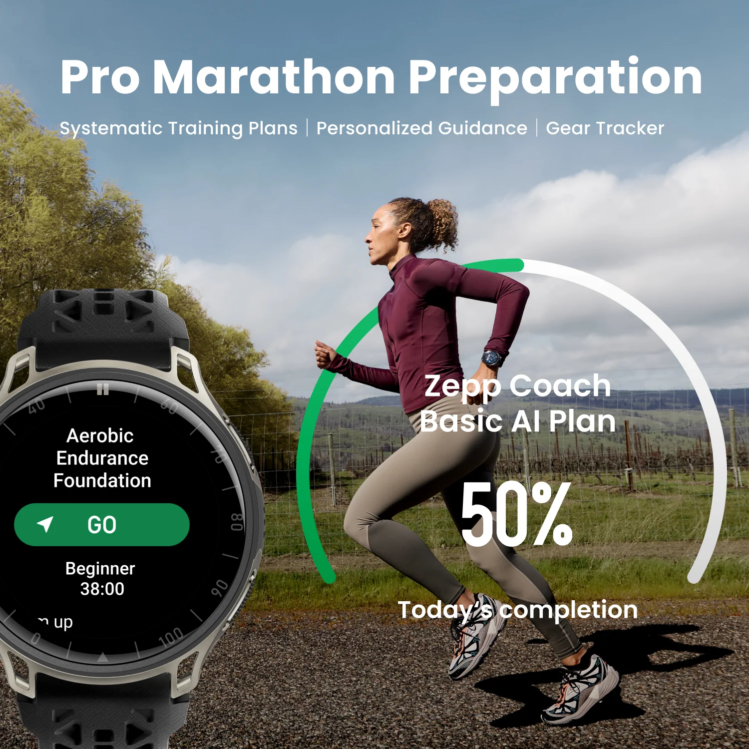 Eine Läuferin im Freien, eine Smartwatch zeigt Trainingspläne an.