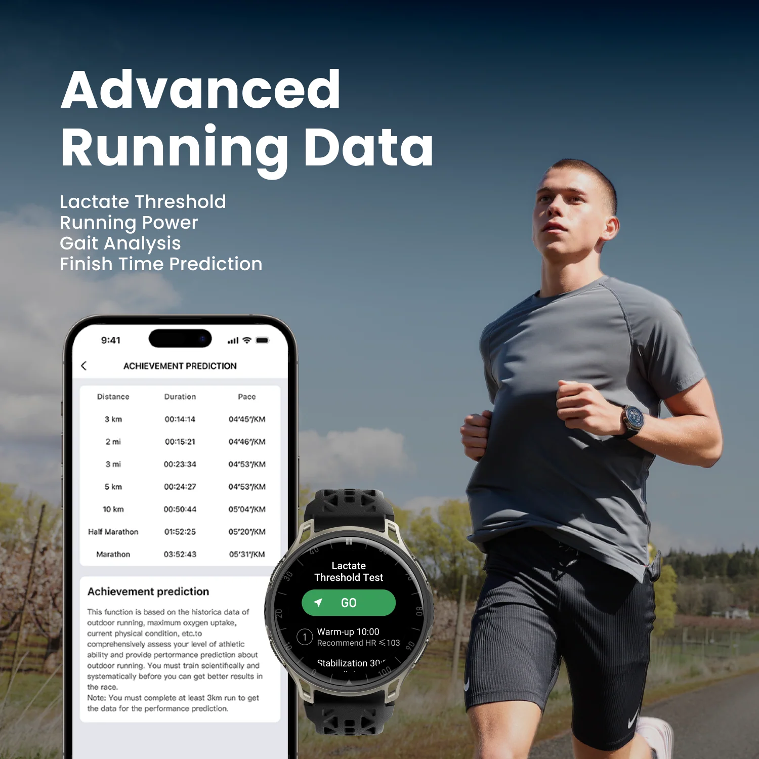 Ein Mann läuft, während eine App und eine Smartwatch Laufdaten anzeigen.