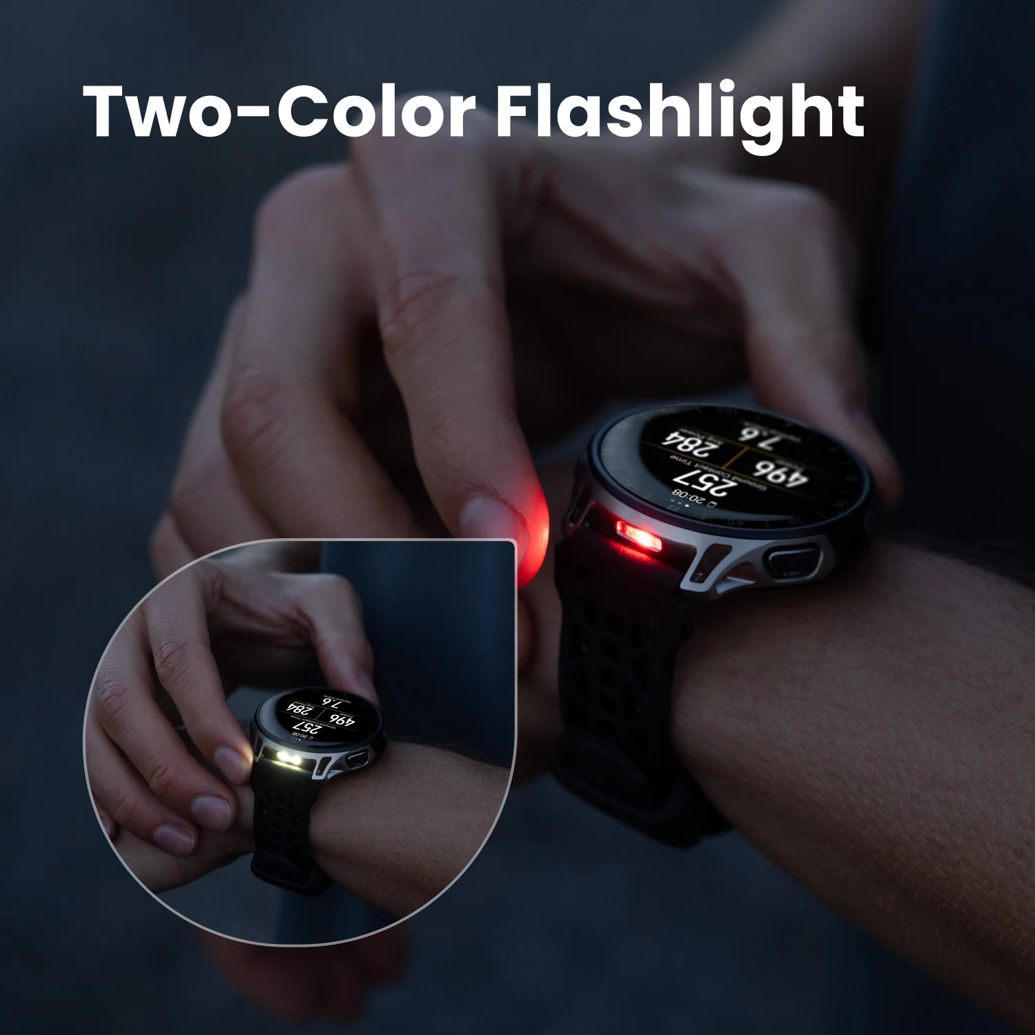 Eine Person trägt eine Uhr mit rotem Licht auf einer Seite und weißem Licht auf der anderen.
