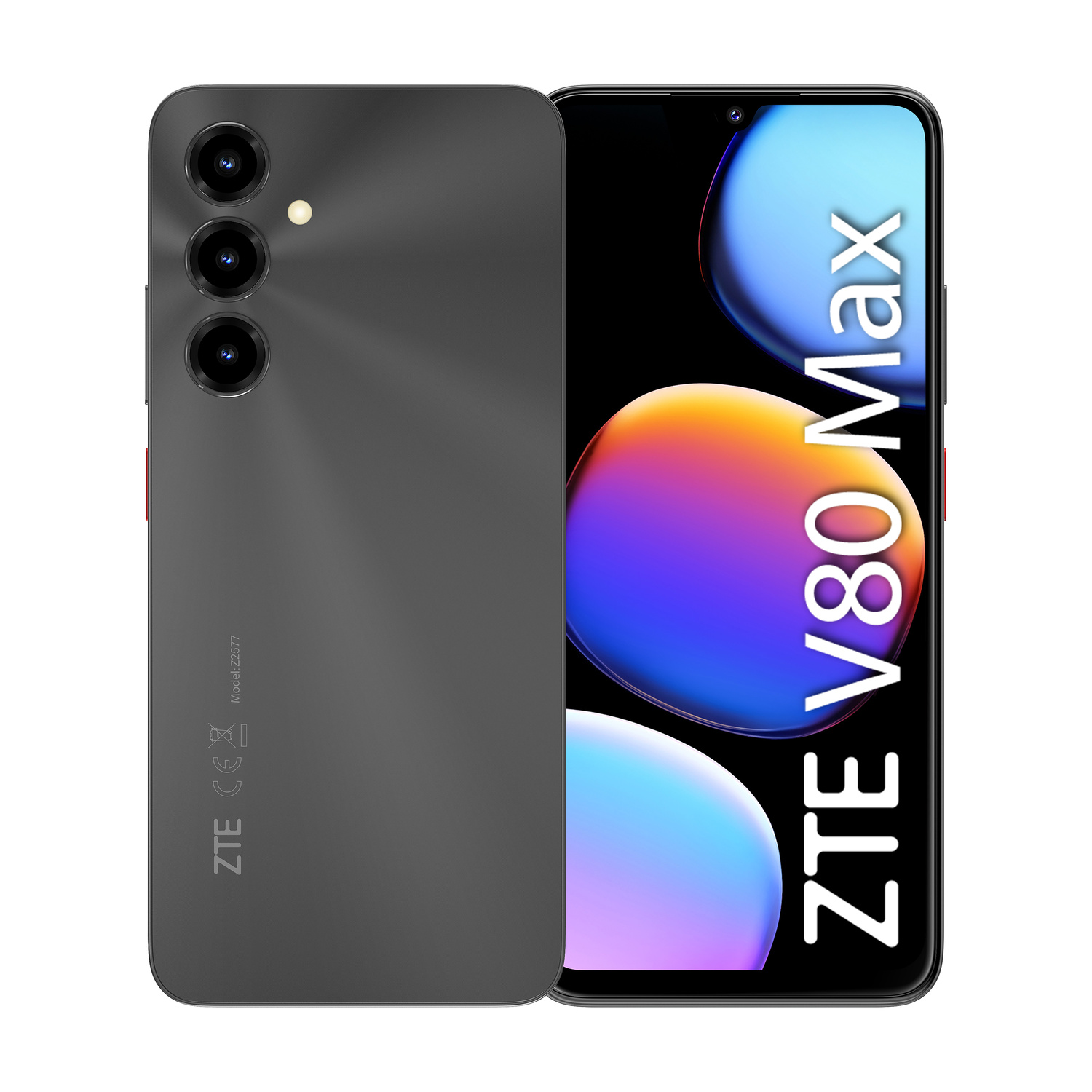 Smartphone grigio con tre fotocamere posteriori e flash. Il fronte mostra "ZTE V80 Max".