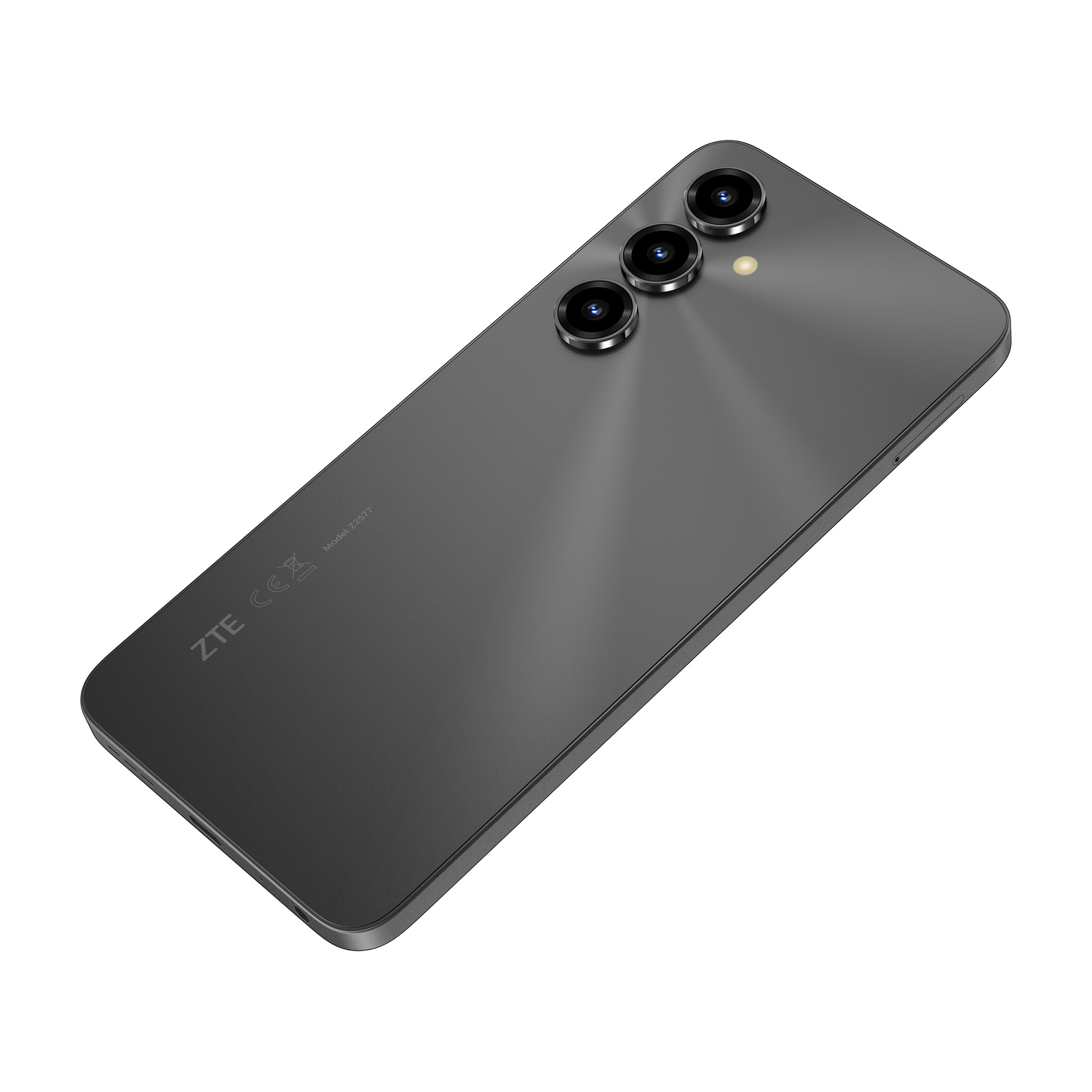 Smartphone grigio con tre fotocamere posteriori e flash.