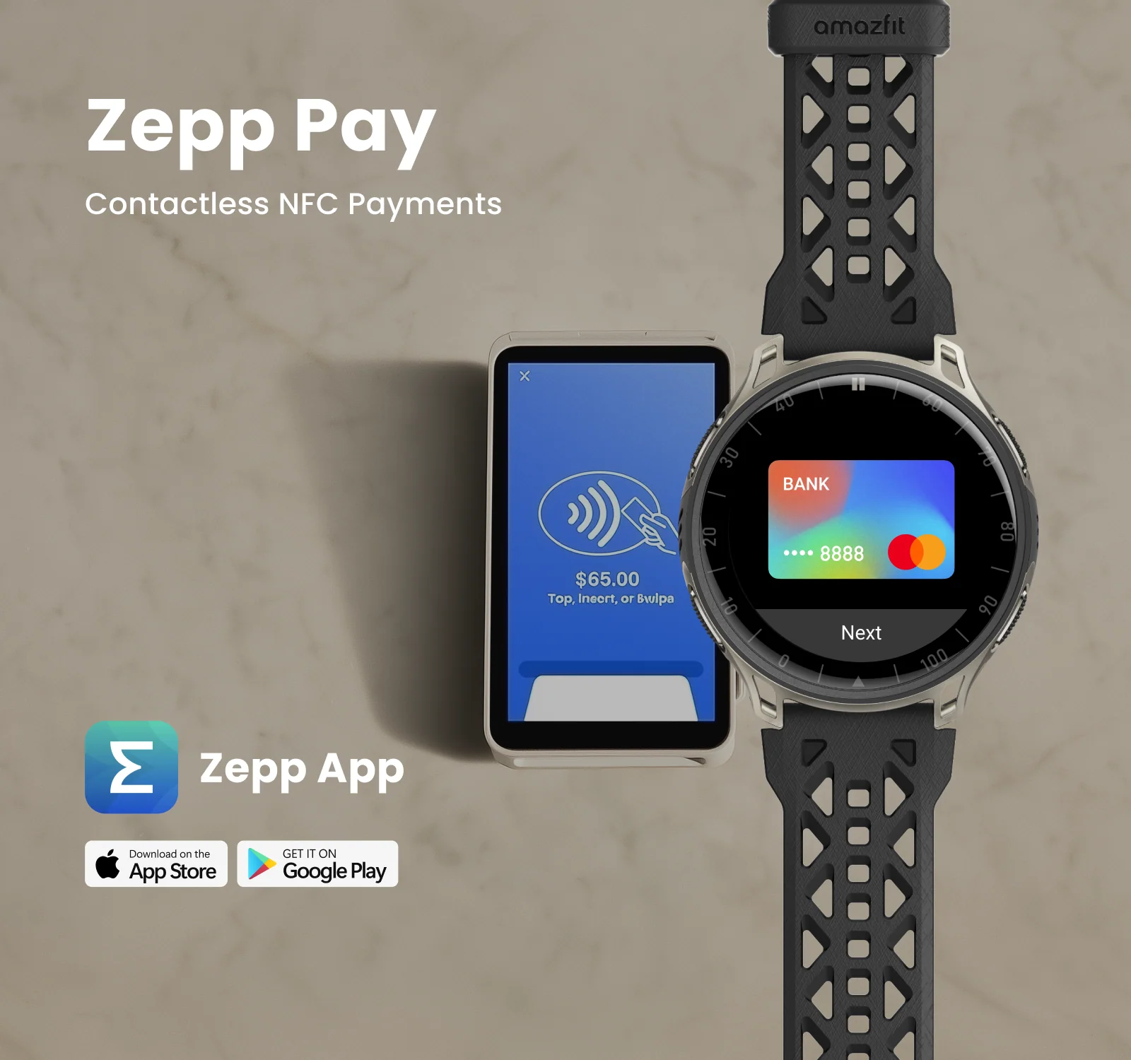 Amazfit Smartwatch zeigt Zepp Pay an, neben einem Terminal und App-Symbolen.