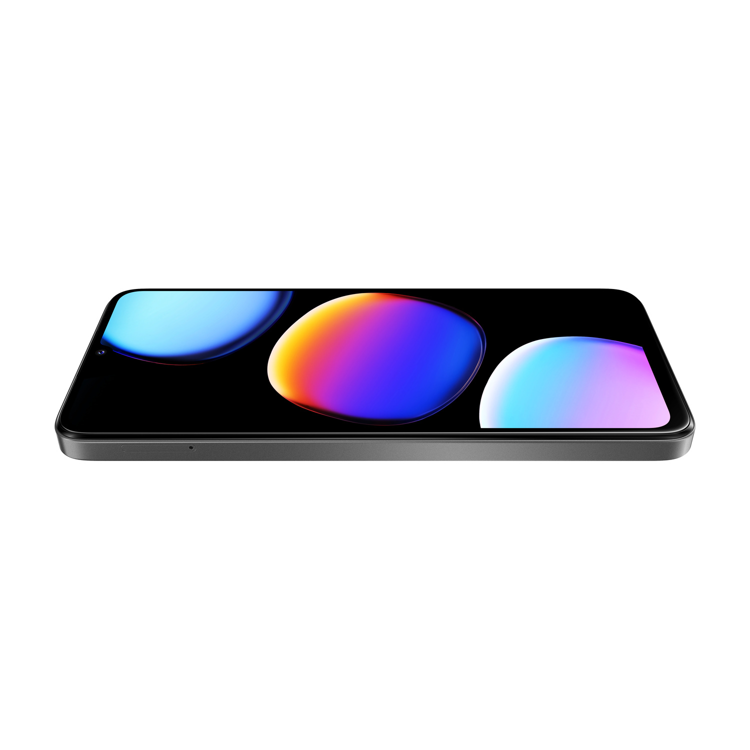 Smartphone nero con cerchi astratti colorati visualizzati sullo schermo.