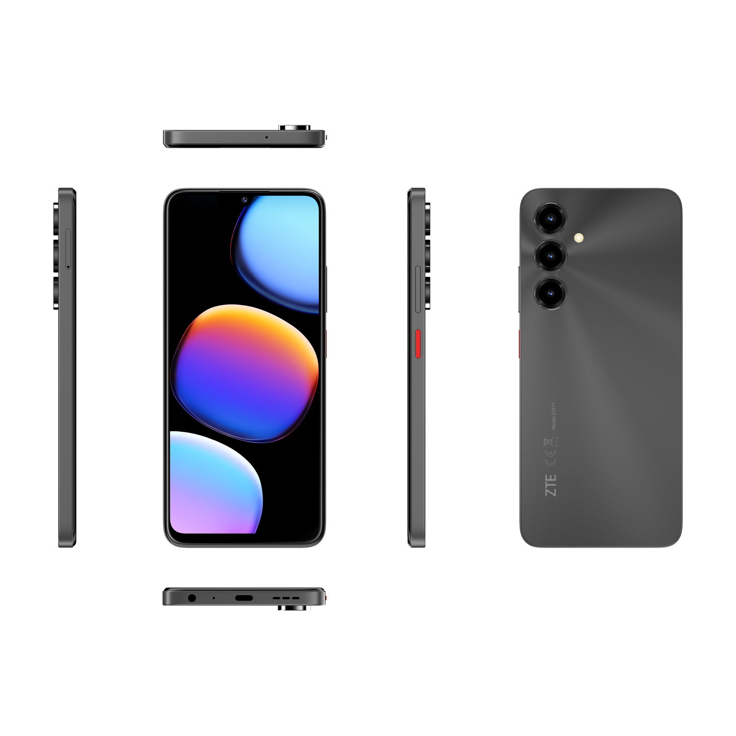 Tre viste di uno smartphone ZTE grigio con tre fotocamere posteriori.