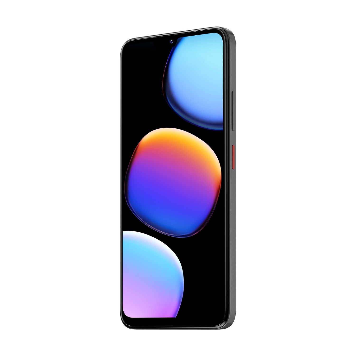 Smartphone grigio con sfondo colorato, vista frontale destra.