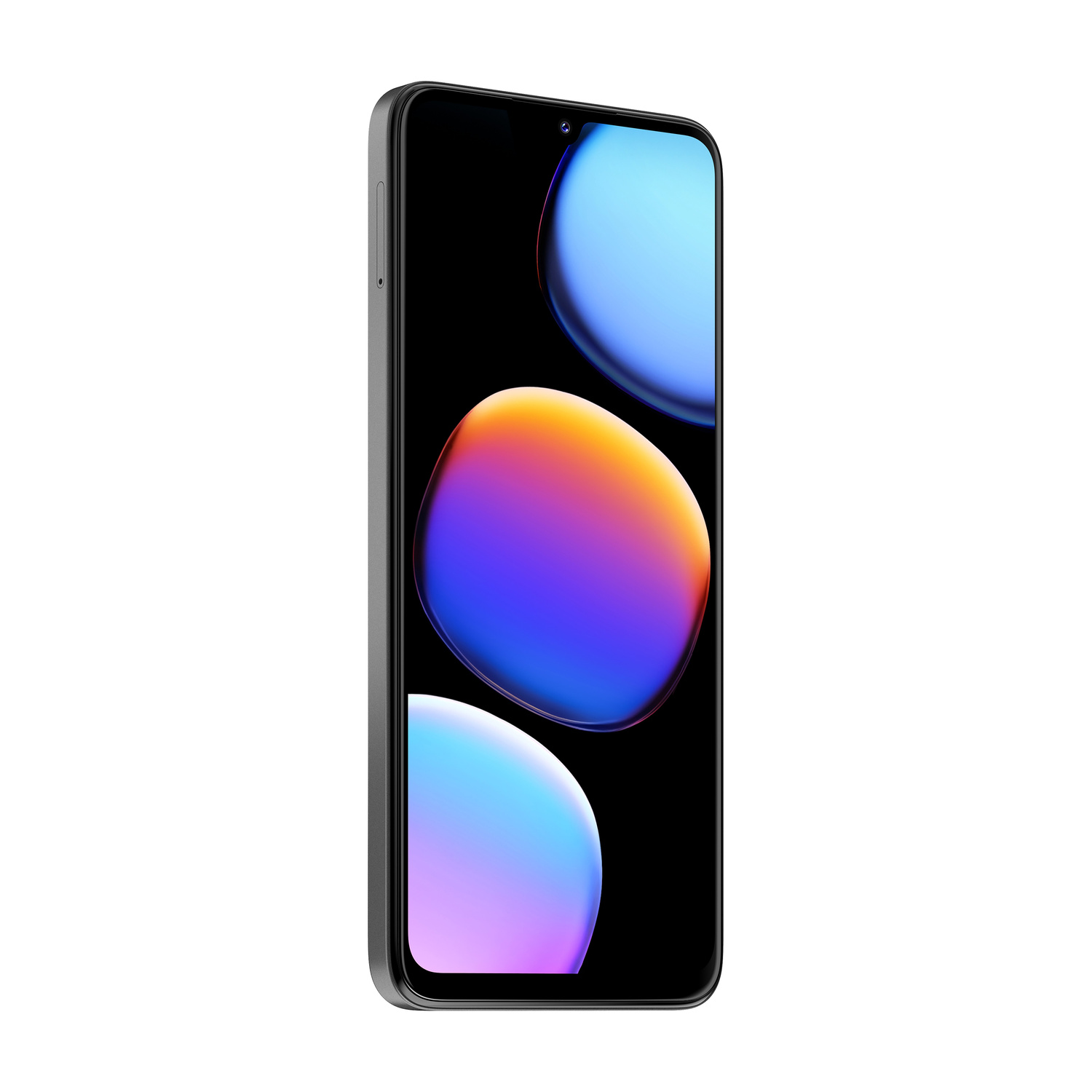 Uno smartphone grigio con schermo nero che mostra cerchi colorati.