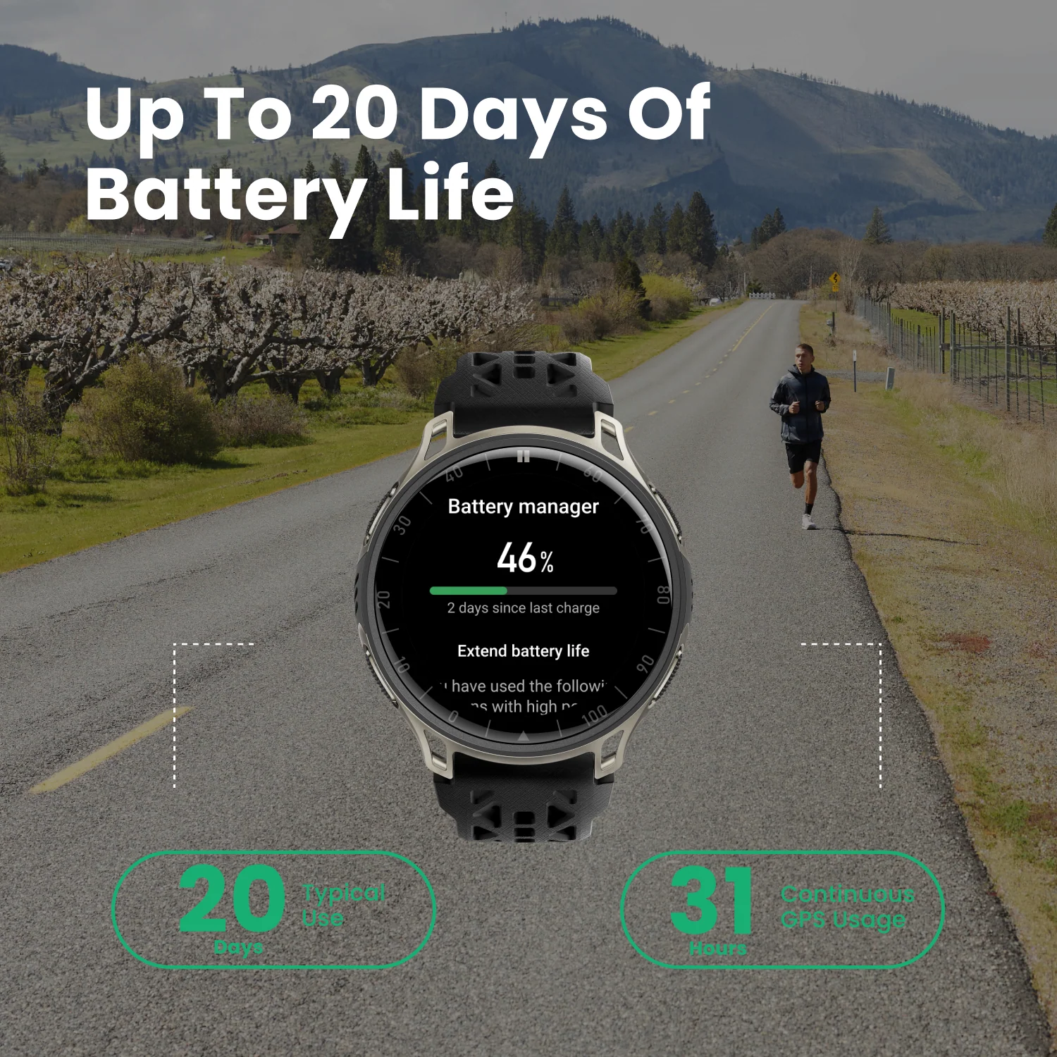 Ein Mann läuft auf einer Straße mit Bäumen. Eine Smartwatch zeigt 46% Akku.
