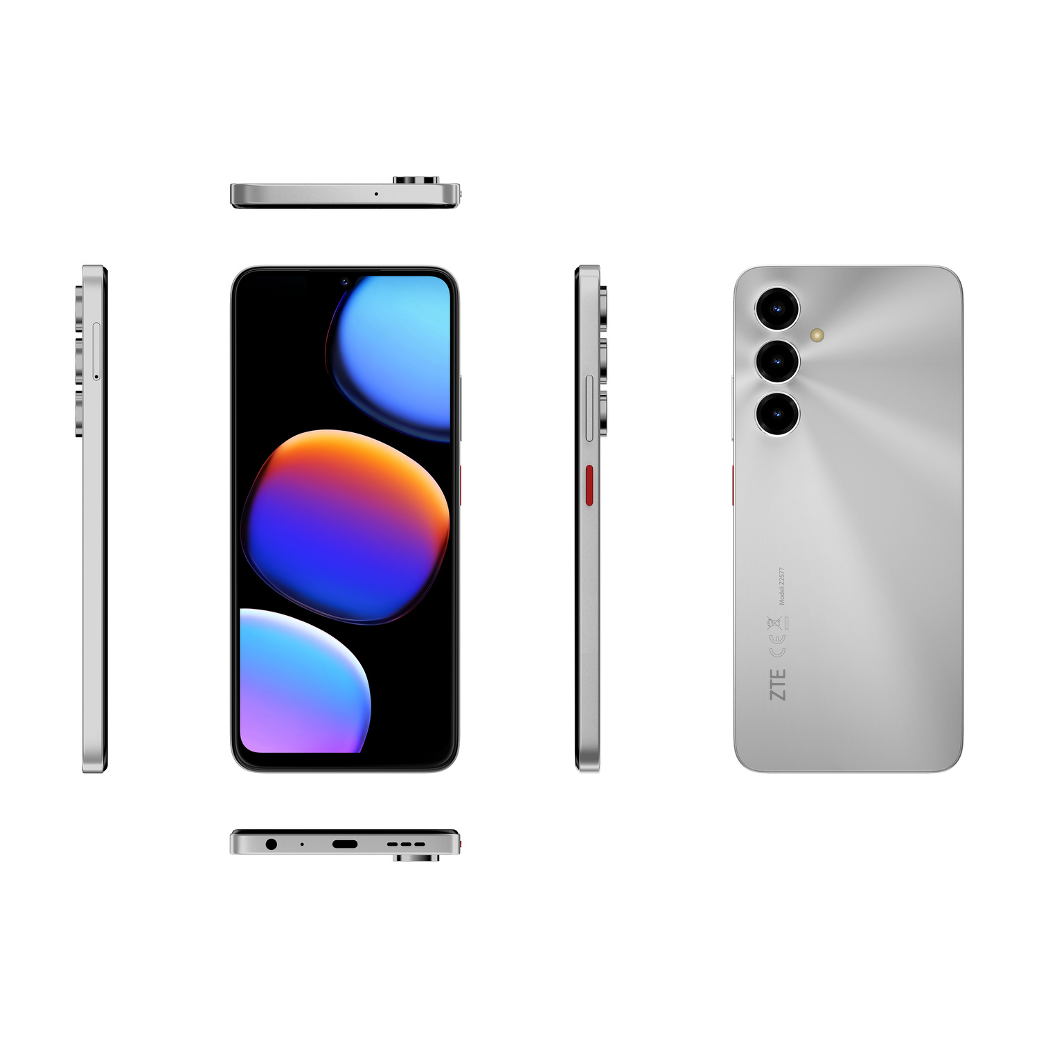 Smartphone argentato con 3 fotocamere mostrato fronte, lato e retro.