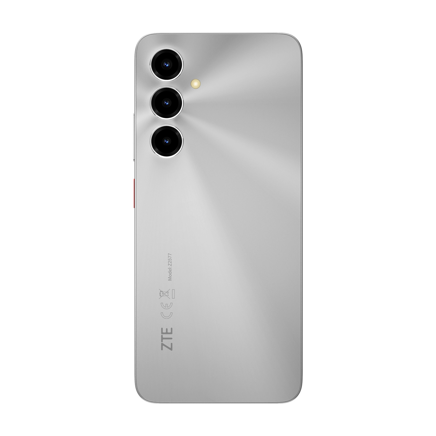 Retro di uno smartphone ZTE argentato con tre fotocamere e flash.