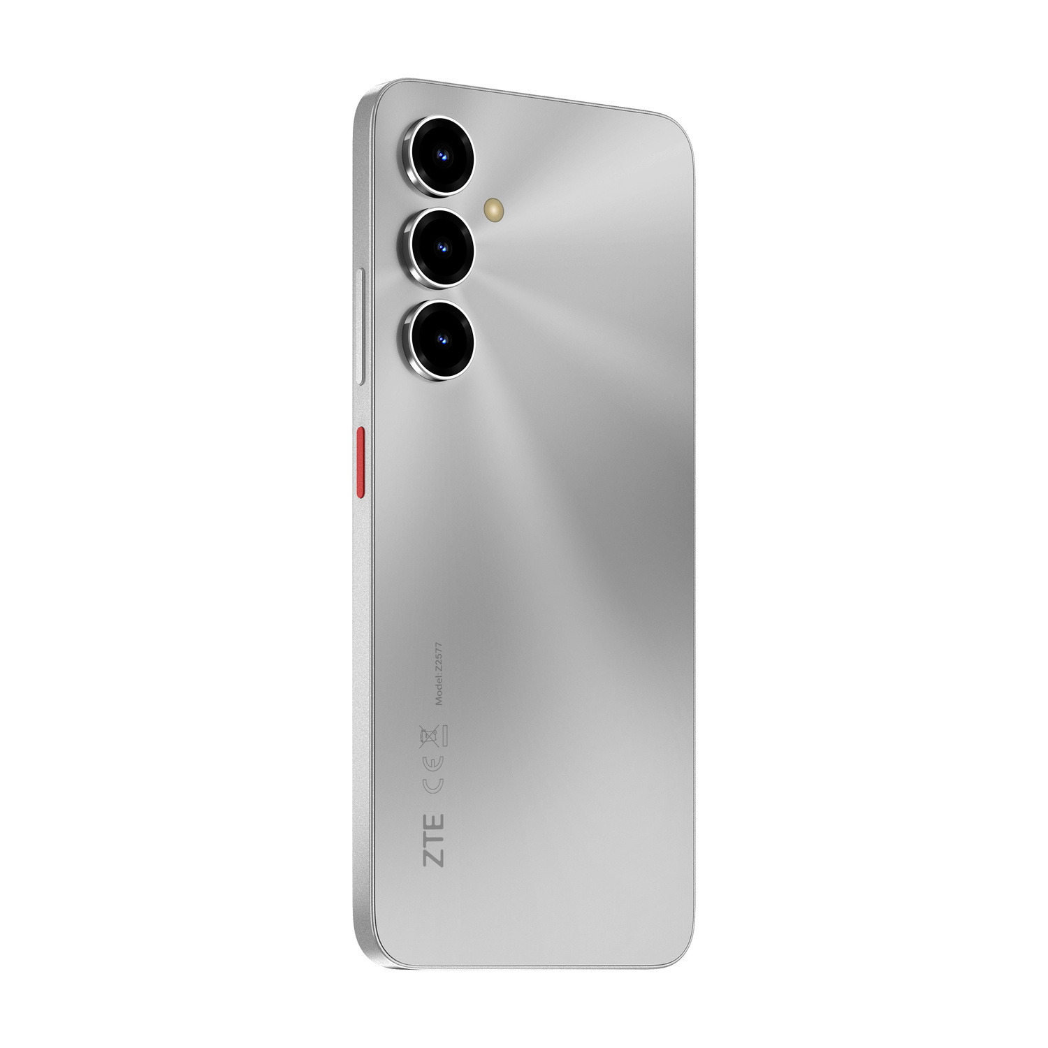 Smartphone argento con tre fotocamere e accento rosso. Modello Z2577.