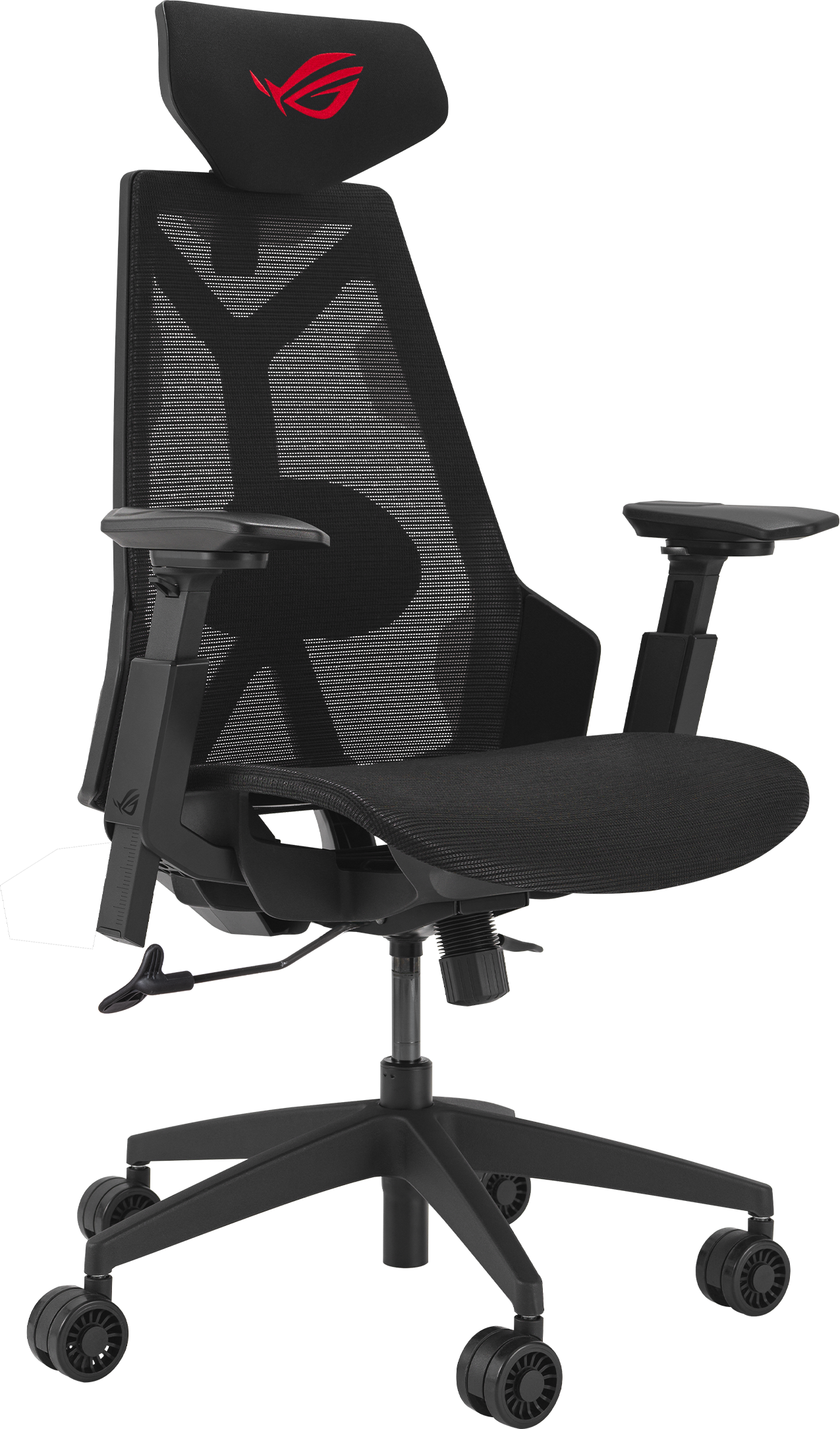 Sedia da gaming nera con logo ROG rosso sul poggiatesta e schienale in rete.