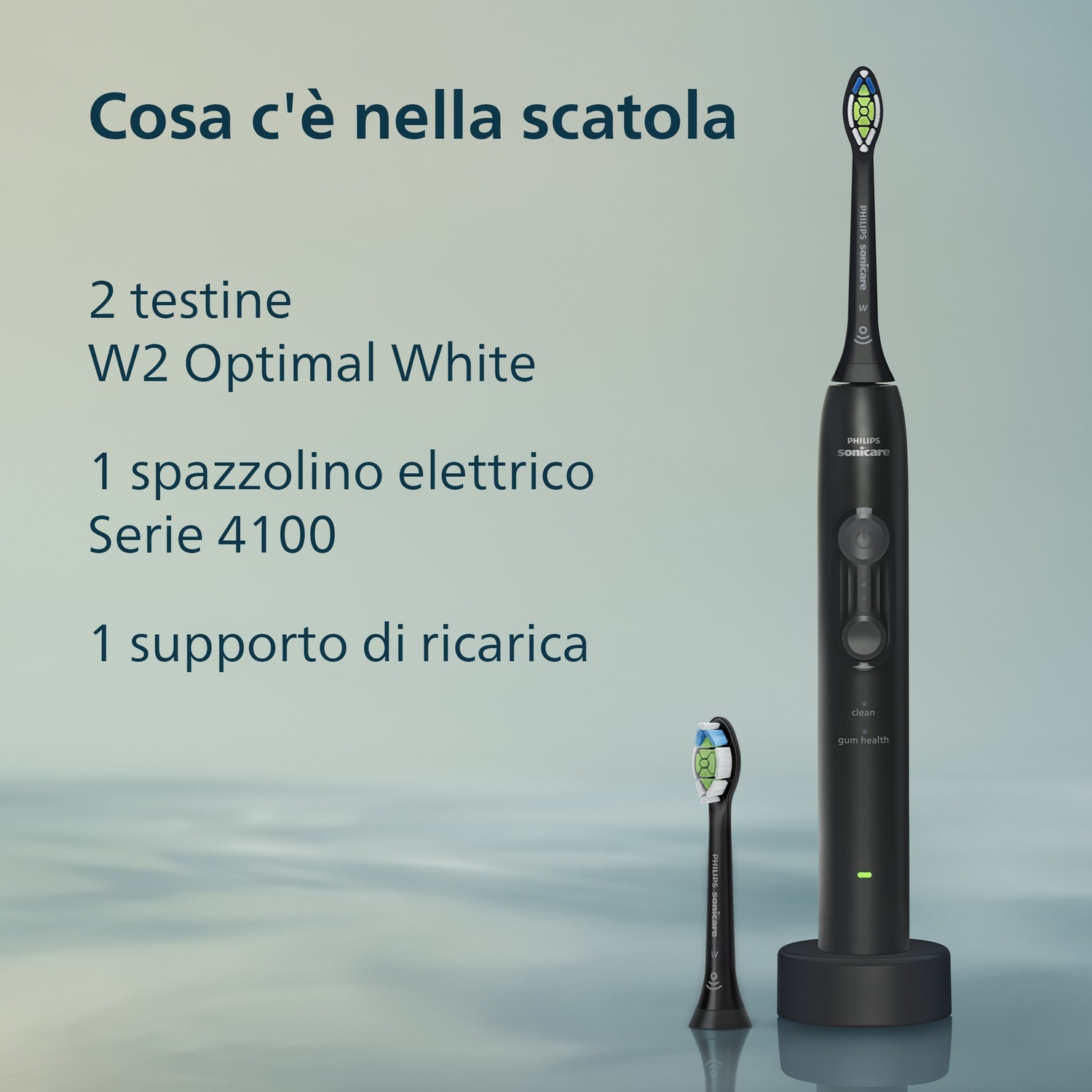 Spazzolino Philips Sonicare nero, base di ricarica e testine.