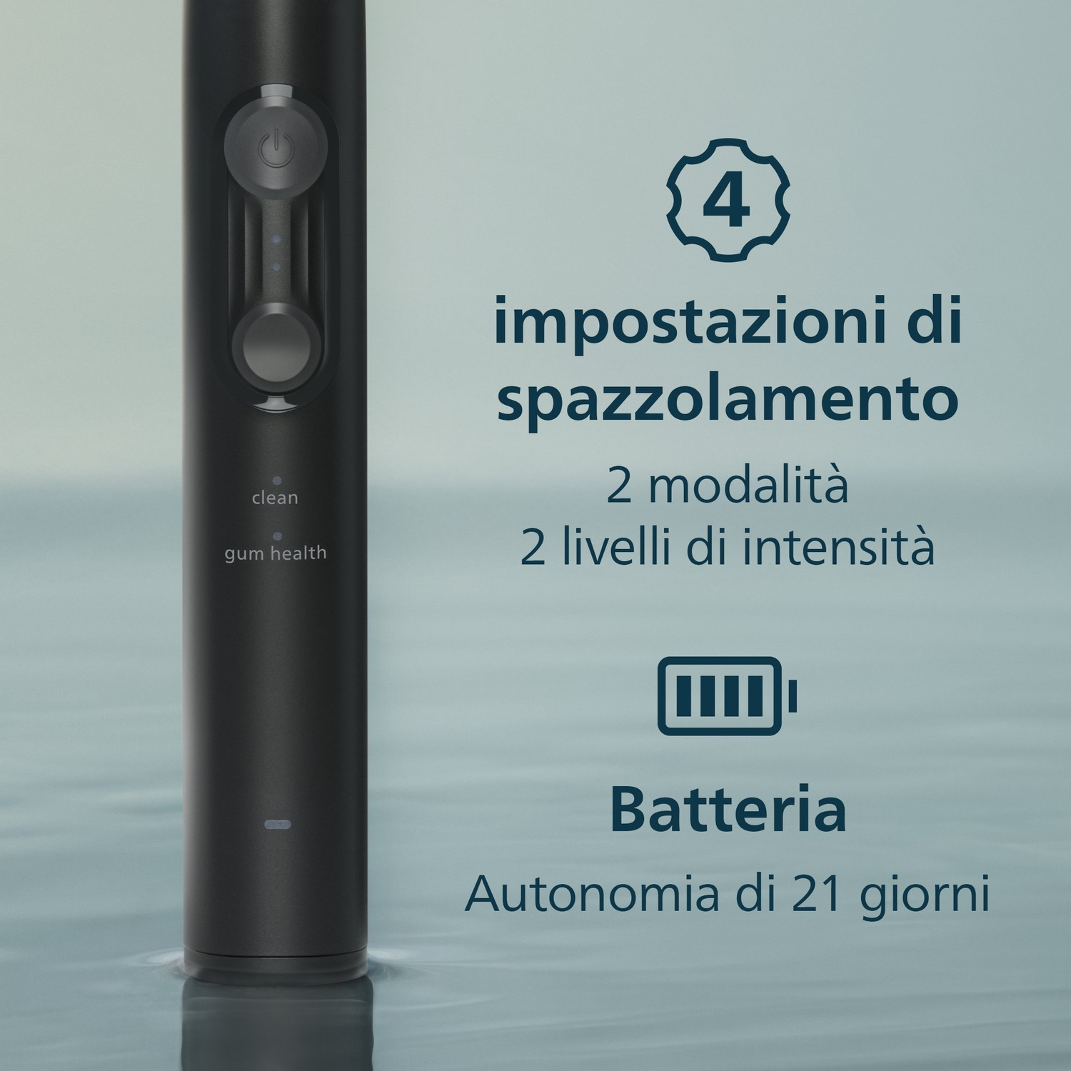 Spazzolino elettrico nero con 4 modalità, 2 intensità e 21 giorni di batteria.