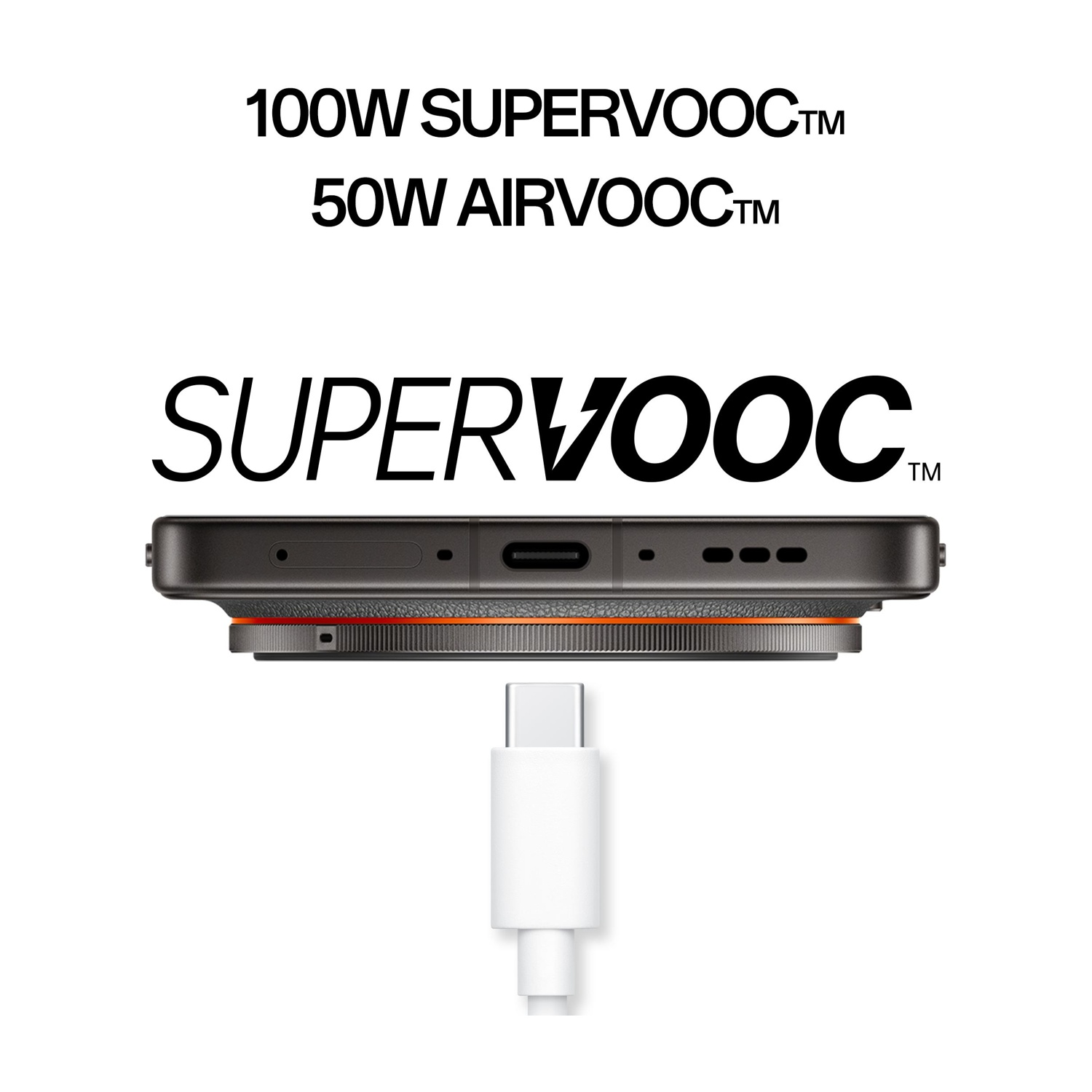 Primo piano di uno smartphone con porta USB-C e cavo di ricarica. Testo sopra.