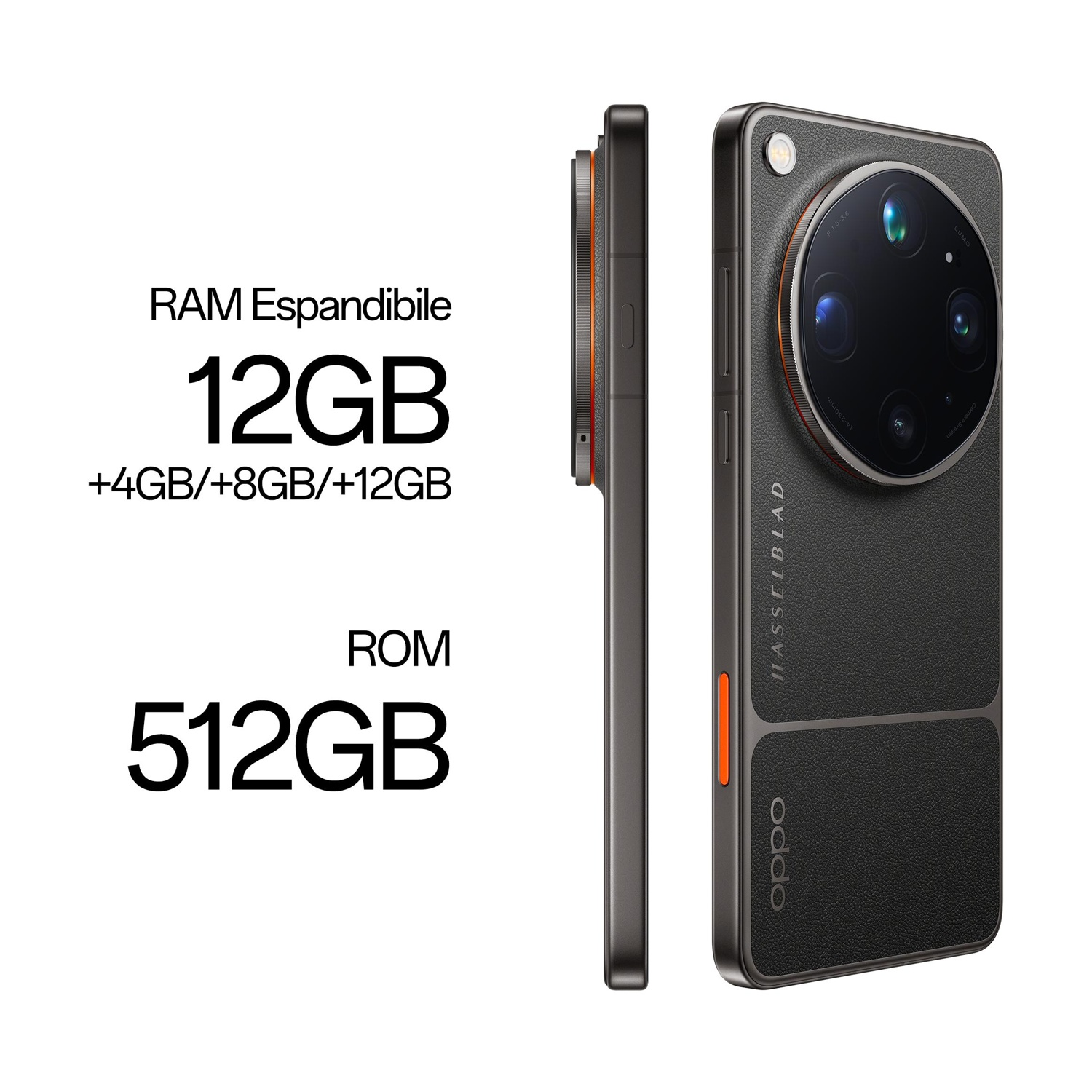 Smartphone con 12 GB di RAM, 512 GB di ROM, fotocamera Hasselblad e logo Oppo.