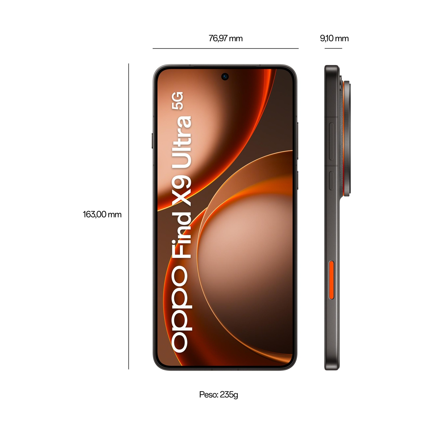 Tre viste dello smartphone Oppo Find X9 Ultra 5G con dimensioni e peso.