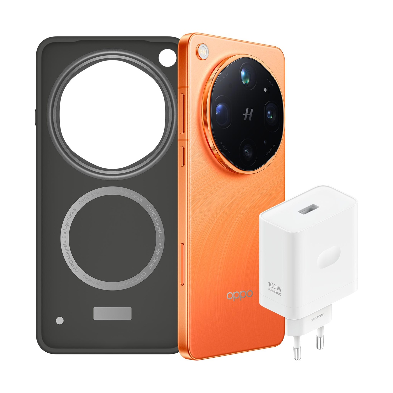 Smartphone arancione, custodia scura e caricabatterie bianco da 100W su sfondo bianco.