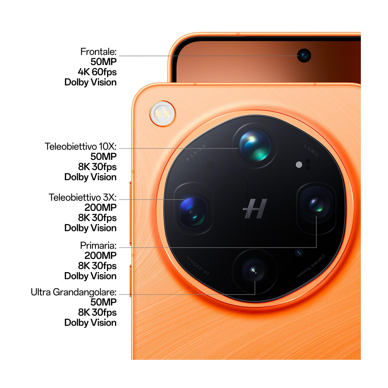 Smartphone arancione focalizzato sul sistema di fotocamere posteriori con lenti e specifiche.