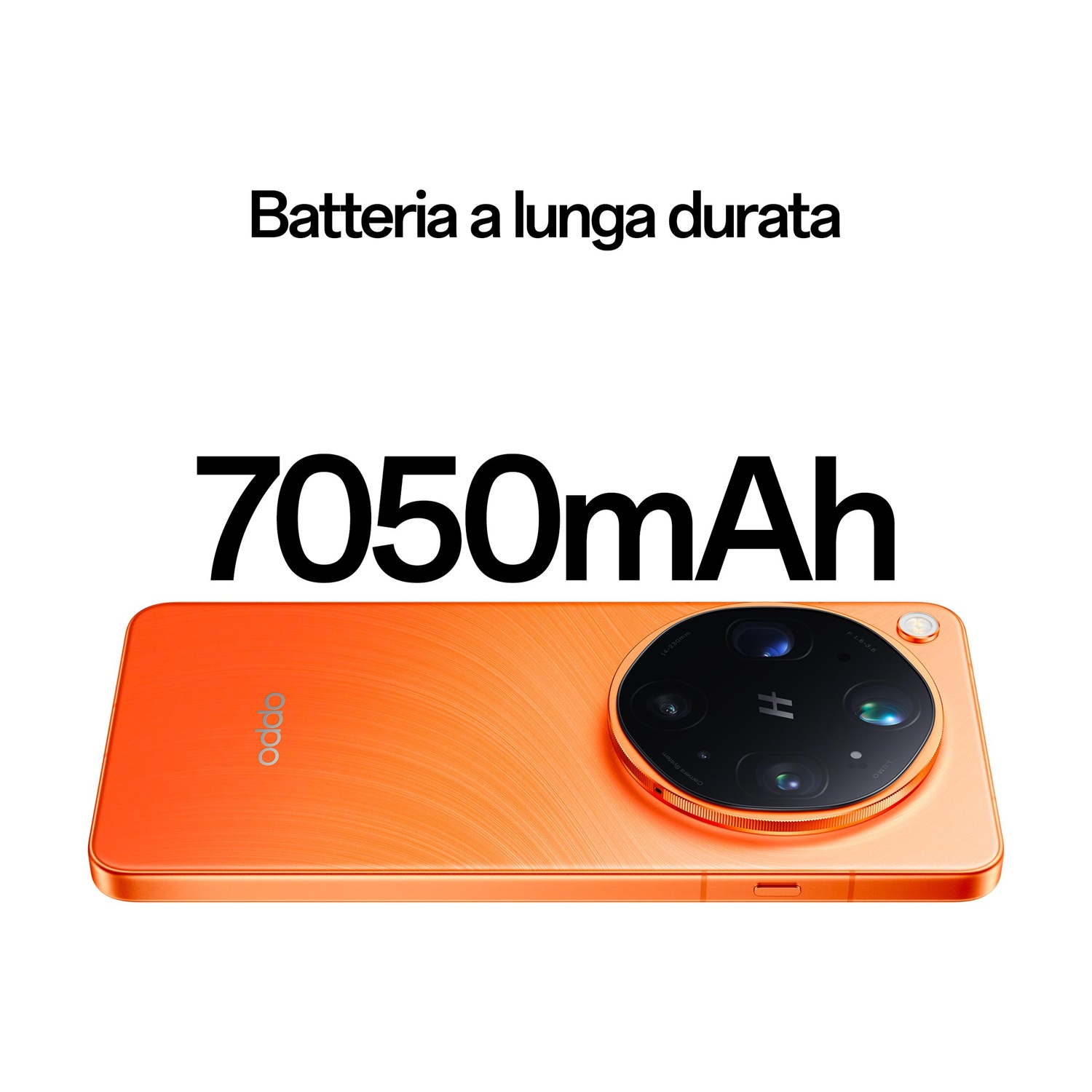 Smartphone arancione con batteria da 7050mAh e scritta "Batteria a lunga durata".