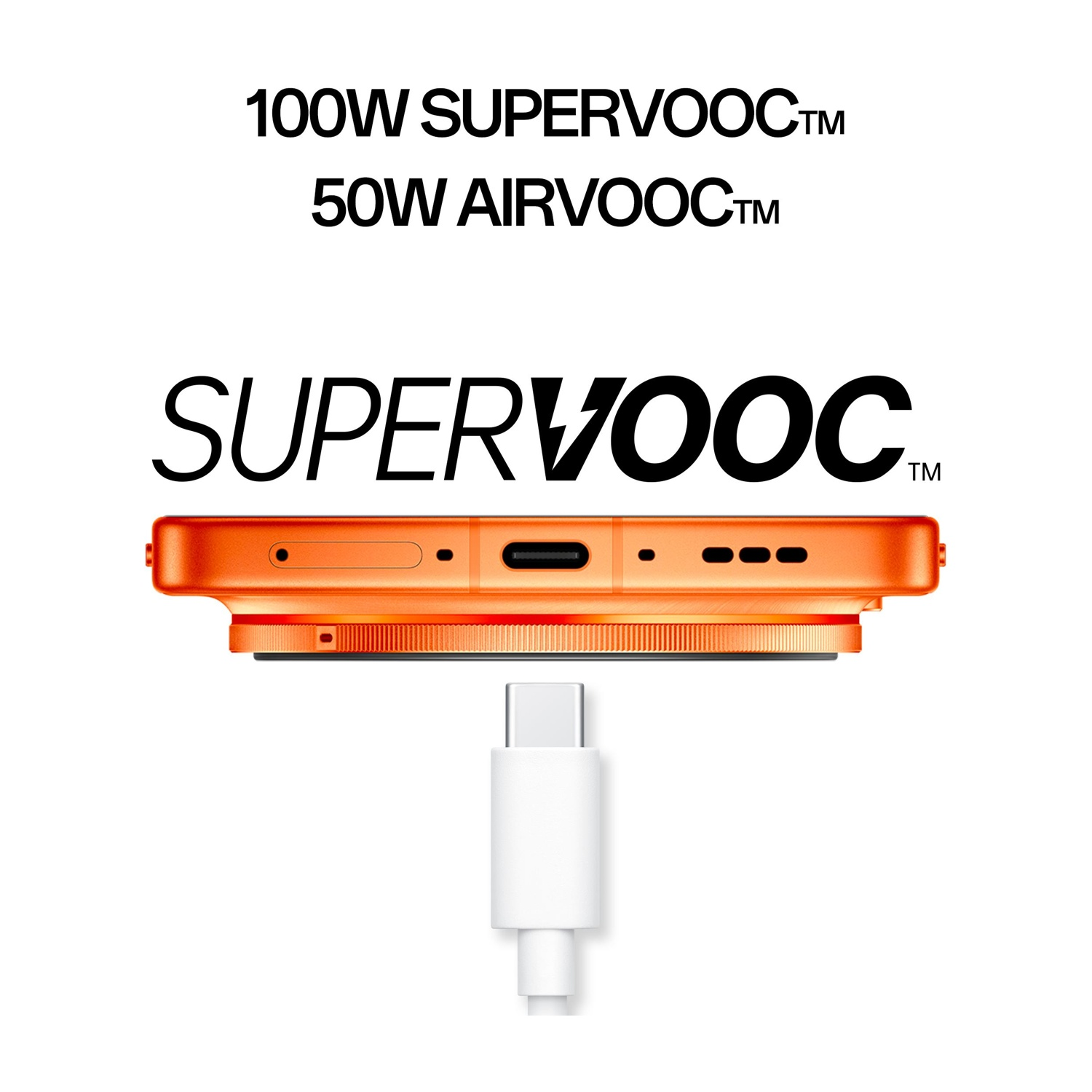 Smartphone arancione con porta USB-C e cavo, pubblicità SuperVOOC 100W.