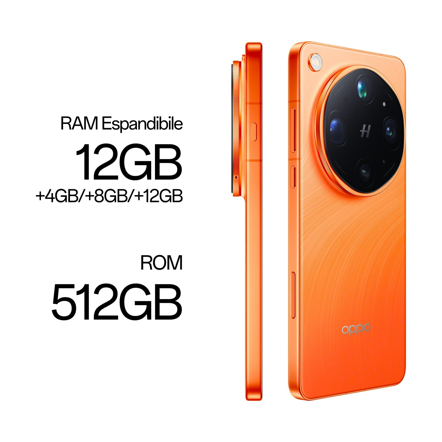 Smartphone arancione con grande modulo fotocamera, 12GB RAM, 512GB ROM.